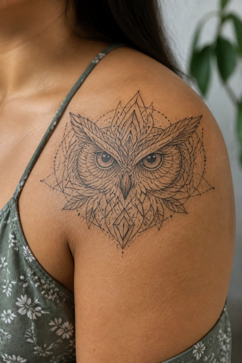 Ornate owl tattoo with geometric patterns and leaves on shoulder, green floral camisole visible.