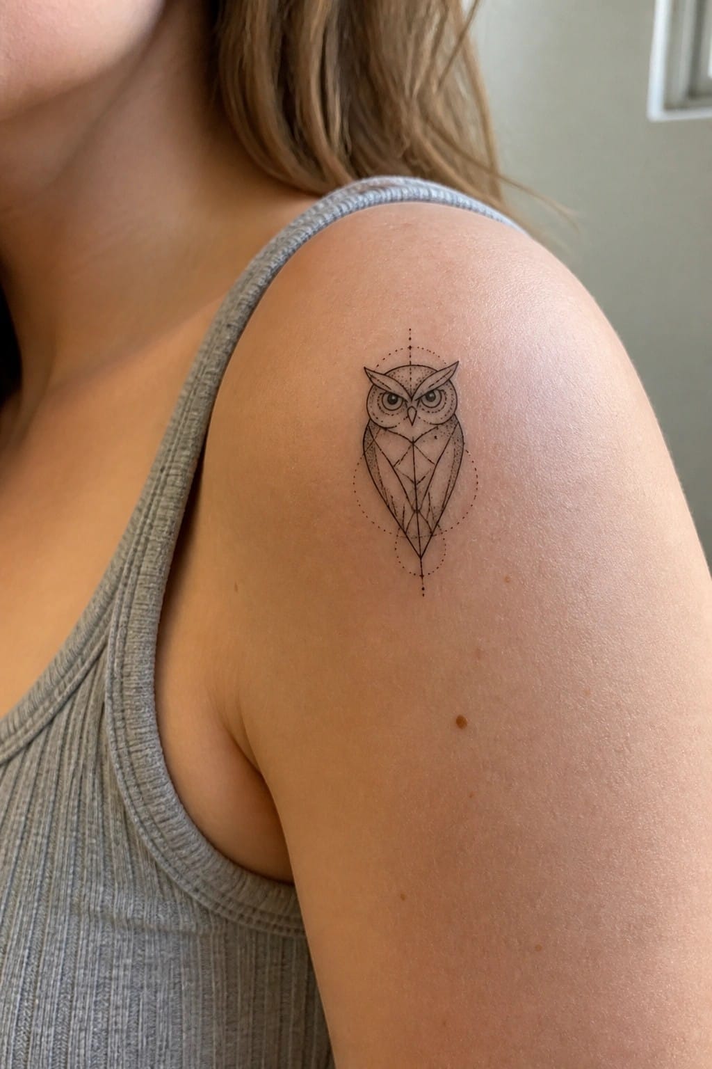 Geometric owl tattoo on a woman's shoulder in fine black line art with internal patterns and dotted accents.