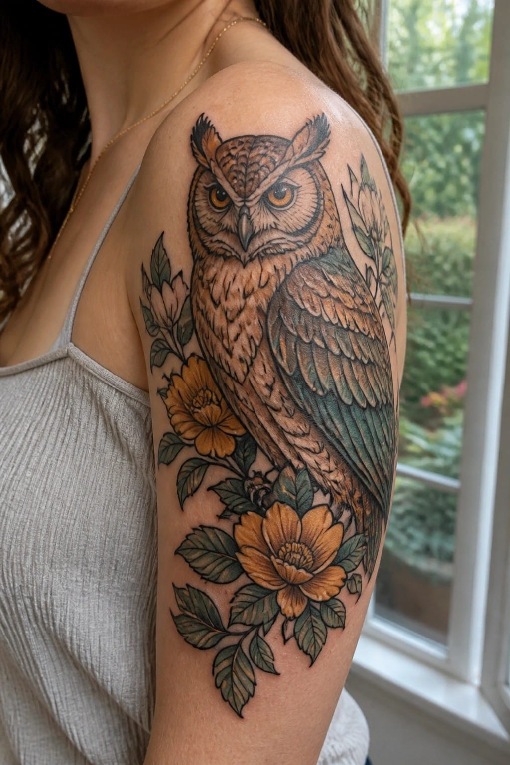 A realistic owl tattoo on a woman's shoulder with orange flowers and green leaves around it.
