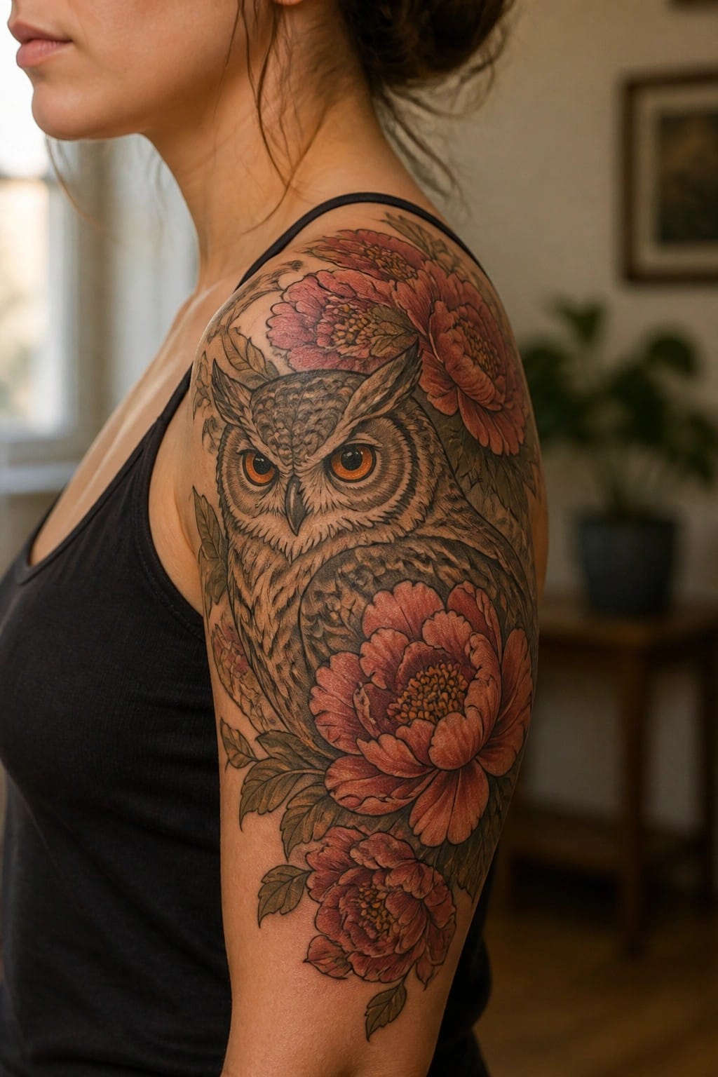 Realistic owl tattoo on a woman's shoulder with red peony flowers wrapping around it and extending down the upper arm.