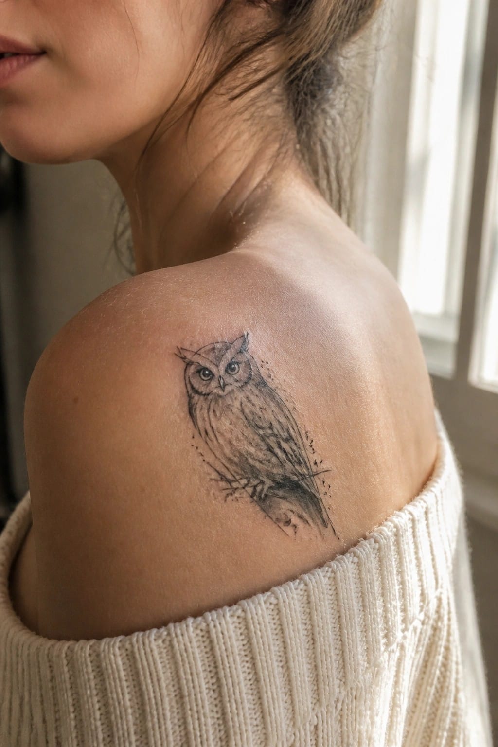 Black and grey realistic owl tattoo perched on a branch on a woman's shoulder, shown in close up.