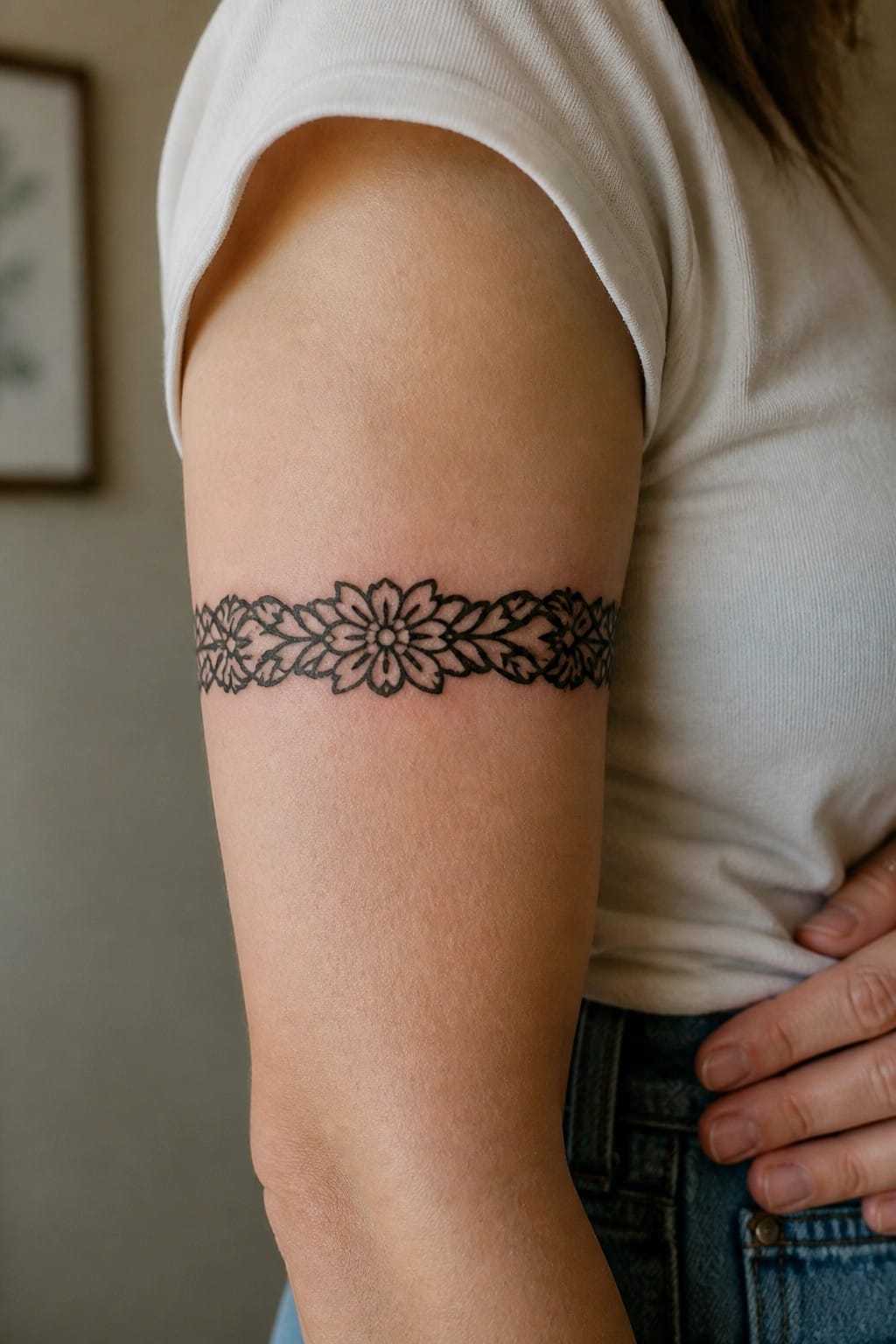 Woman's upper arm showing a black floral armband tattoo with flowers and leaves wrapped around the bicep area