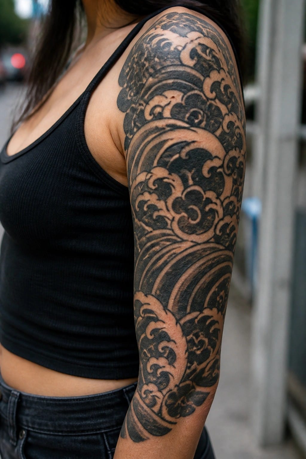 Woman's arm with large black Japanese wave tattoo in black tank top
