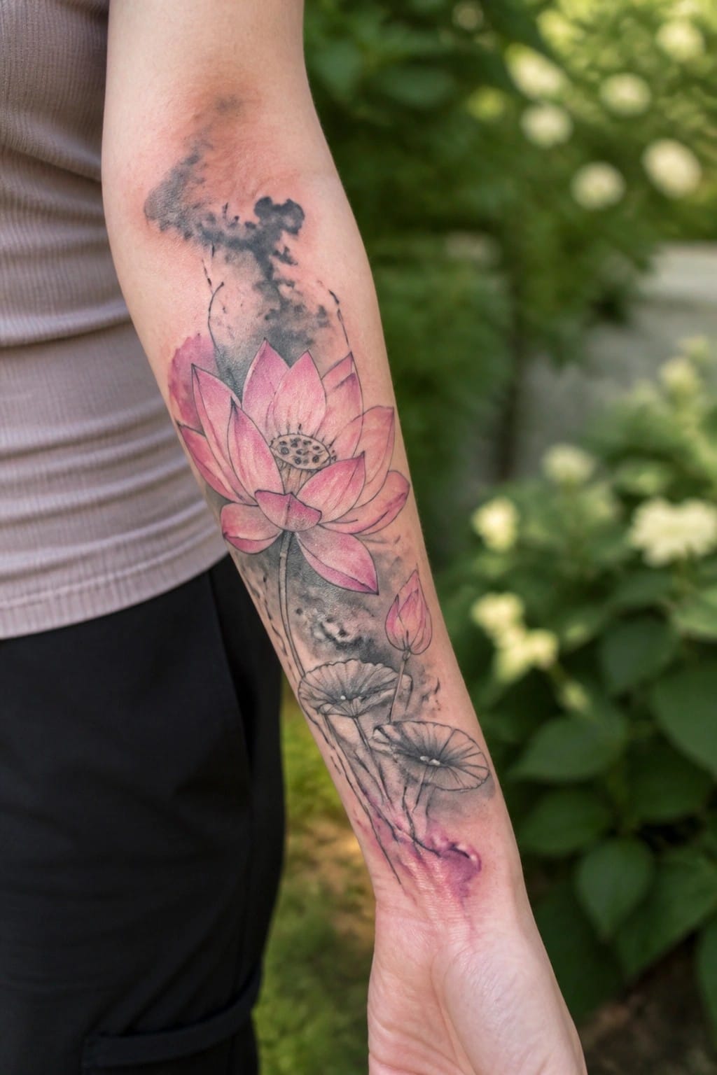 Pink lotus tattoo on forearm with black ink splatters and seed pods.