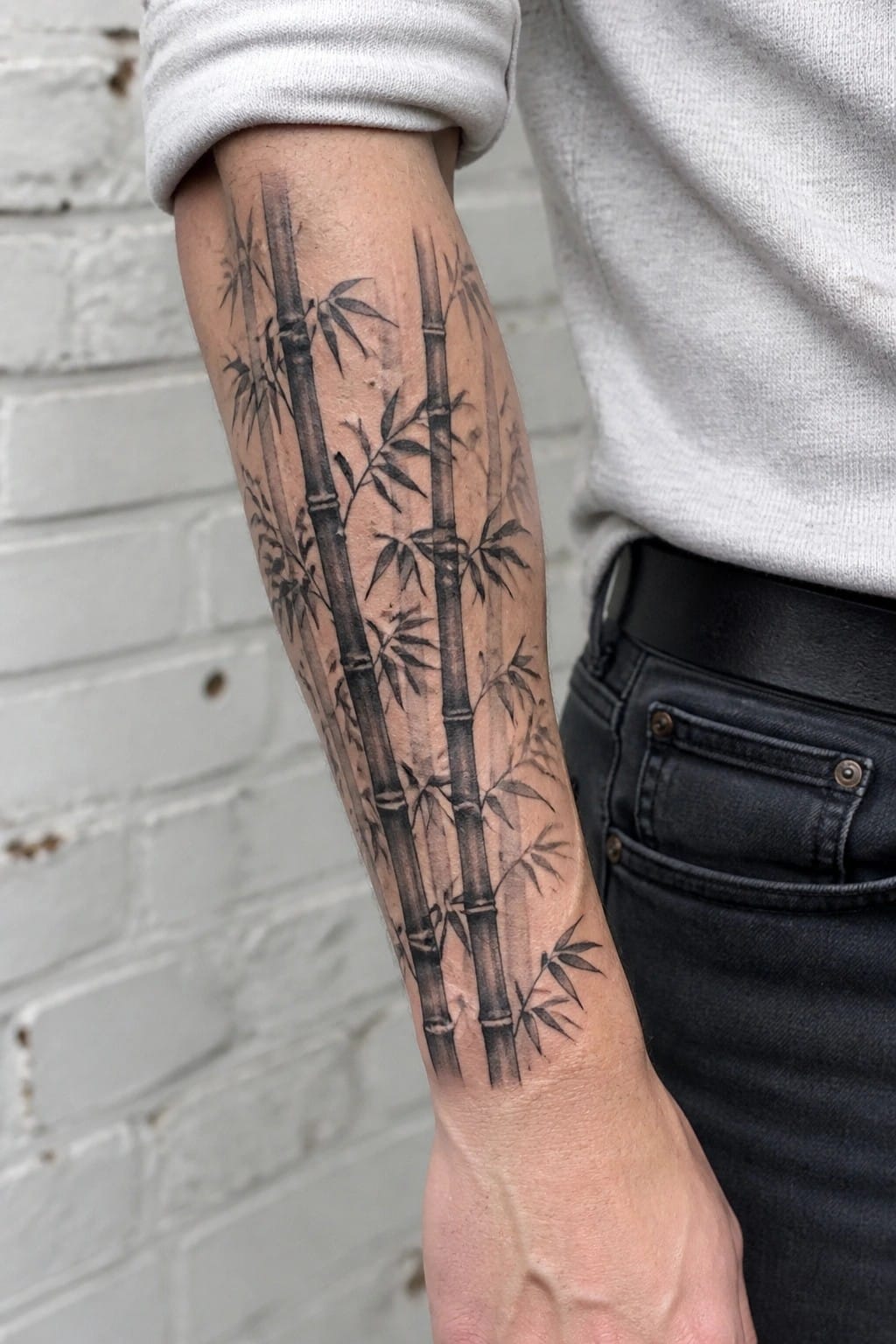 Black and grey bamboo stalks tattoo placed vertically on the inner forearm with leaves extending from the stems.