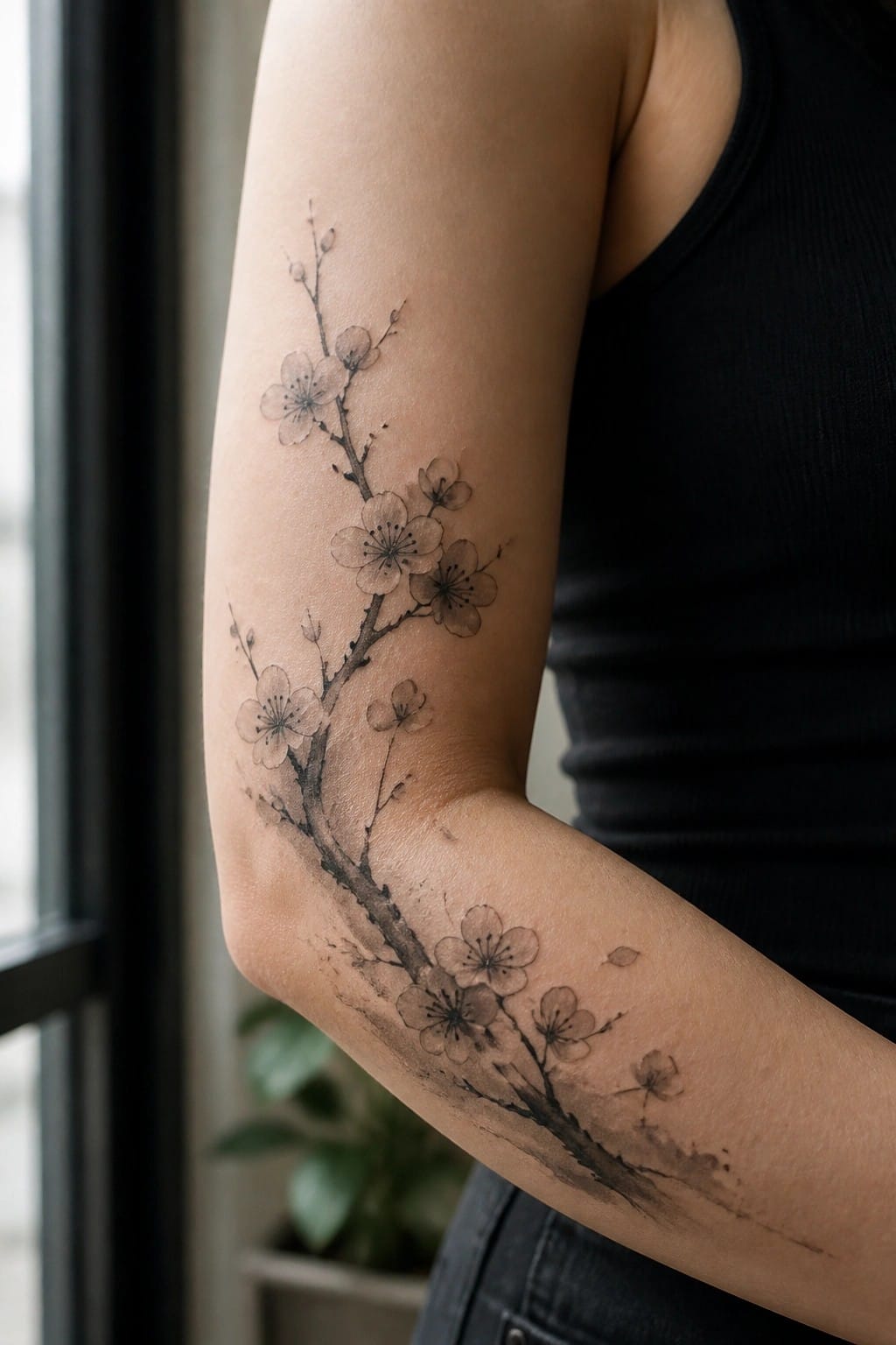 Black and grey cherry blossom branch tattoo extending down a woman's arm from upper arm to forearm