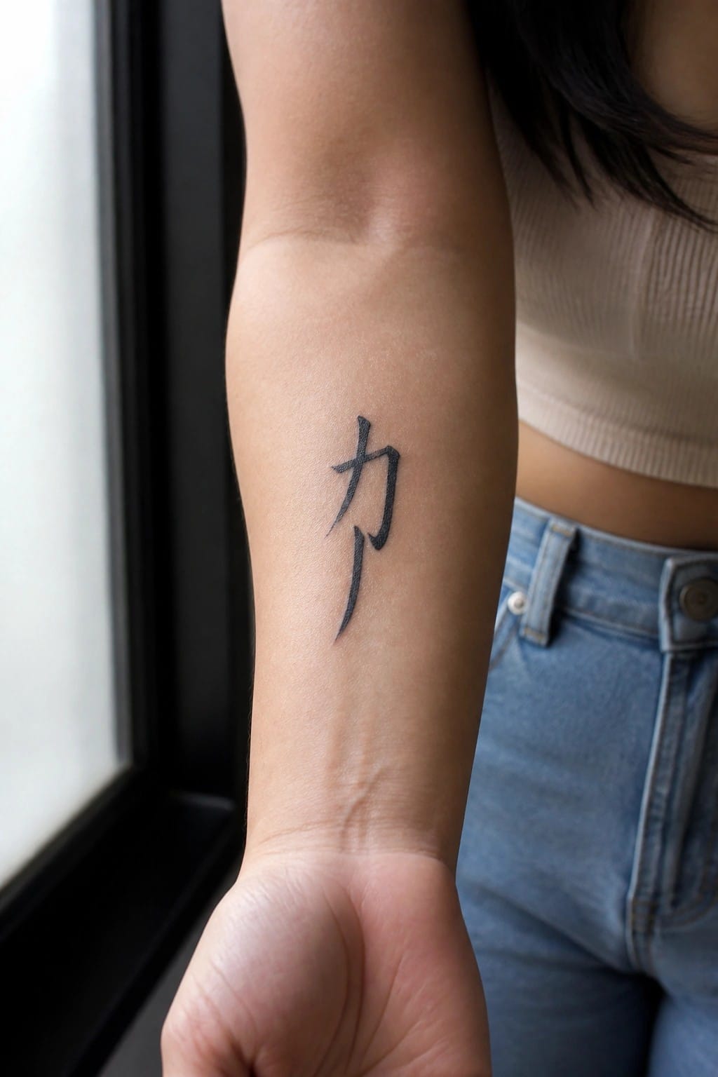 Arm with black Chinese character tattoo on inner forearm, beige crop top and blue jeans.