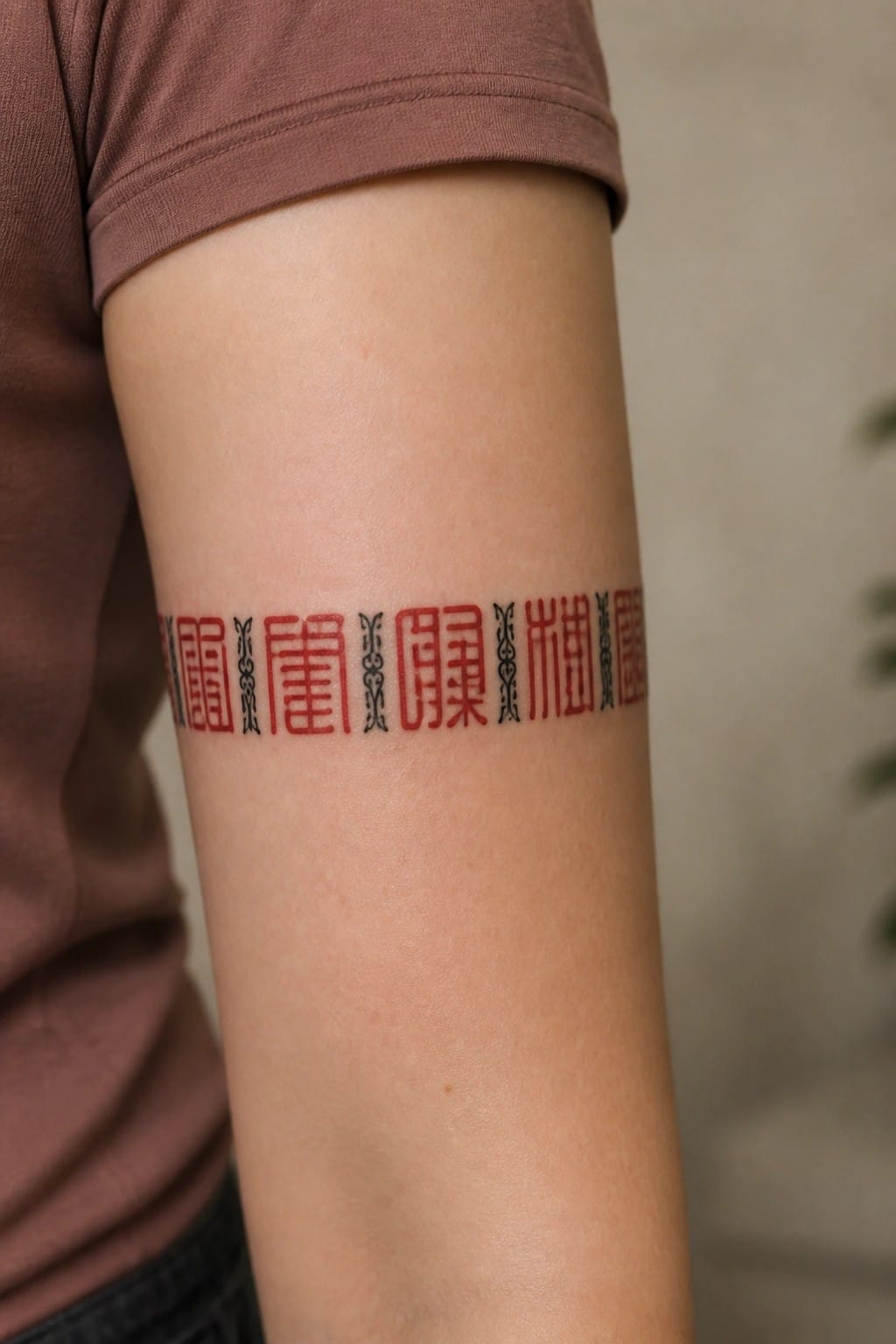 Close up of a woman's upper arm showing a horizontal band tattoo of Chinese seal script characters in alternating red and black ink with small decorative connectors between them.