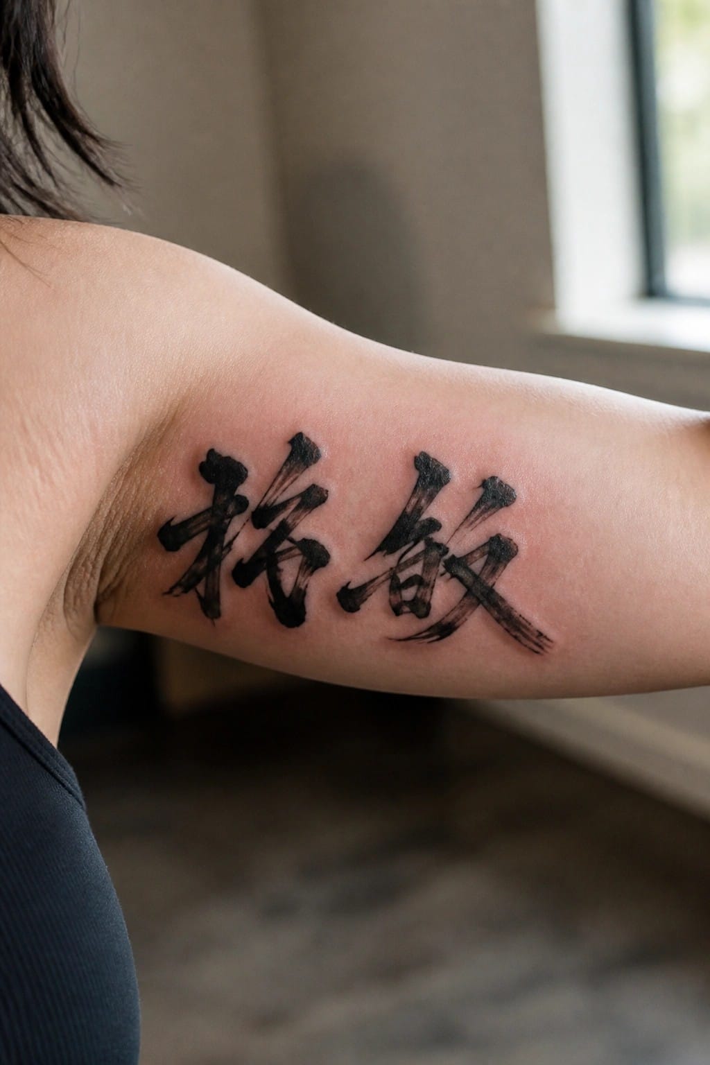 Black calligraphic tattoo on upper arm with surrounding skin redness