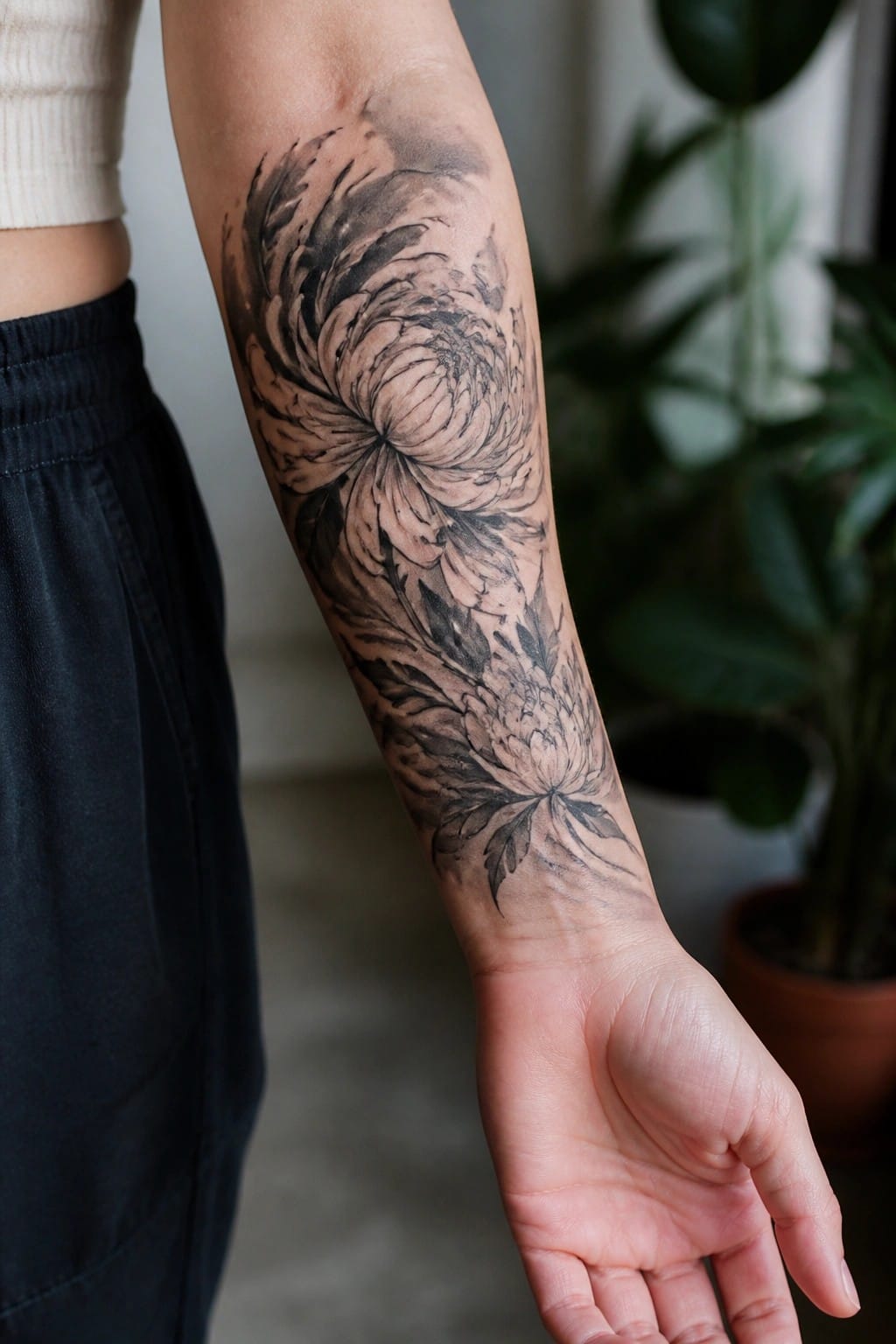 Intricate black-and-gray floral tattoo covering a person's forearm and wrist