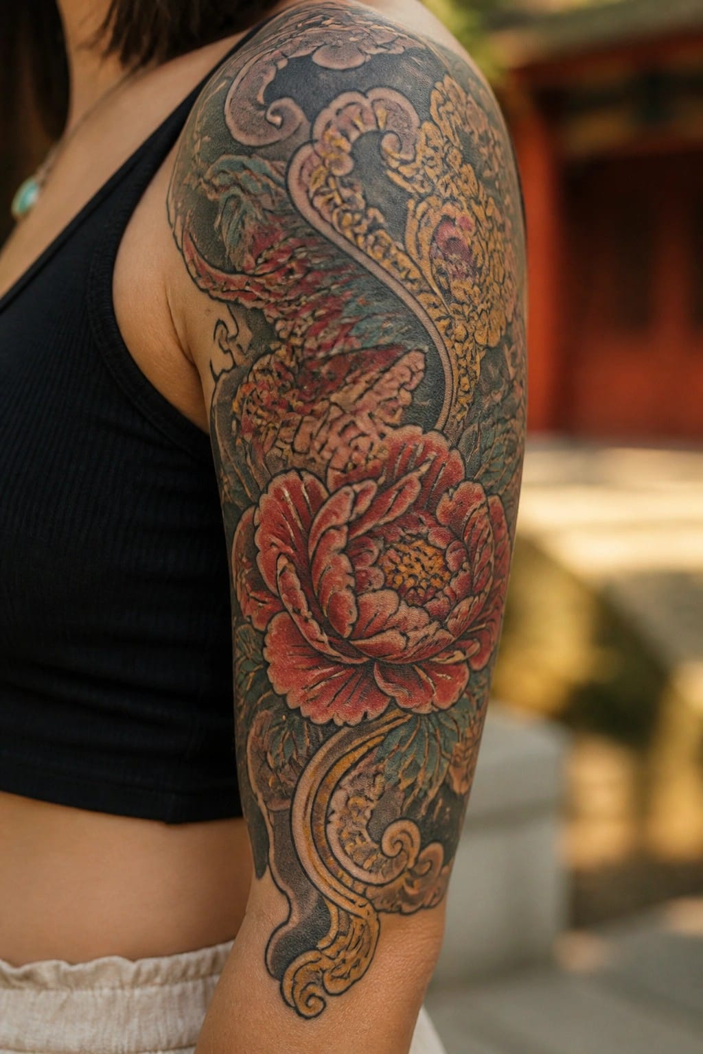 Woman's arm showing a large Chinese dragon and peony sleeve tattoo in red and gold tones