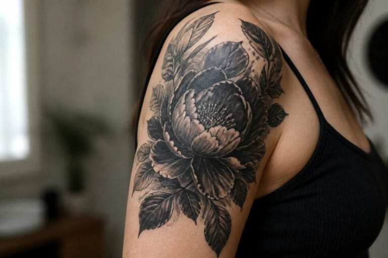 20 Chinese Arm Tattoo Ideas for Women Designed for Bold Placement Black and grey peony tattoo on a woman's upper arm and shoulder with leaves extending down the arm