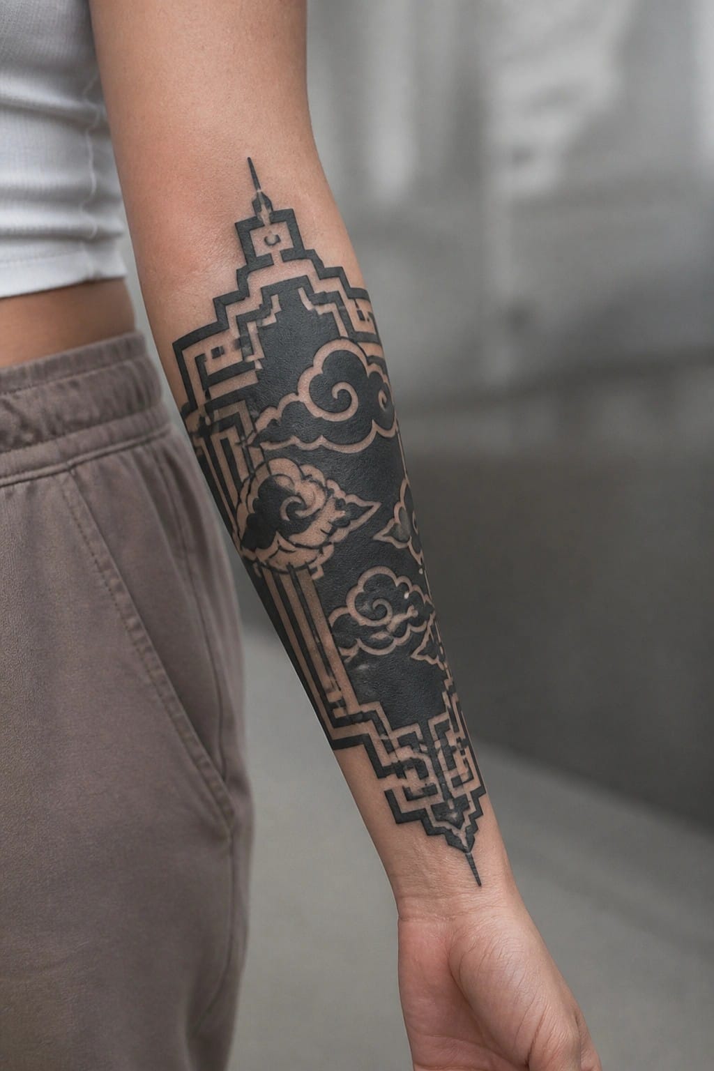 Black geometric tattoo of pagoda and clouds on forearm, gray pants visible.