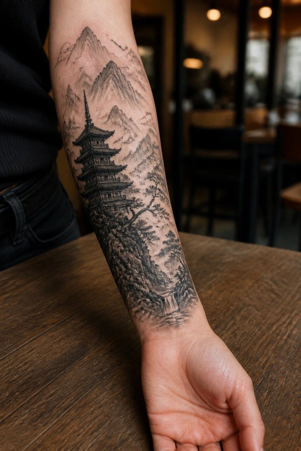 Black and grey tattoo of a pagoda with mountains, trees, and a waterfall on a woman's inner forearm