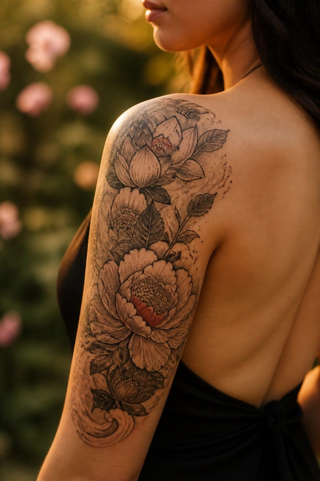 Black and grey floral tattoo of lotus and peony flowers arranged vertically along a woman's upper arm and shoulder.
