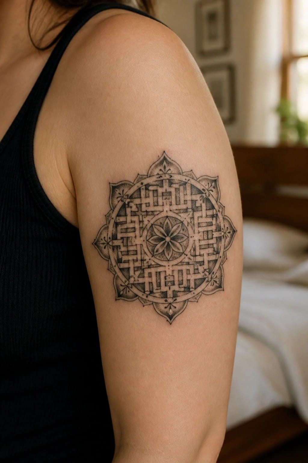 Black tank top and large intricate black mandala tattoo on shoulder in bedroom