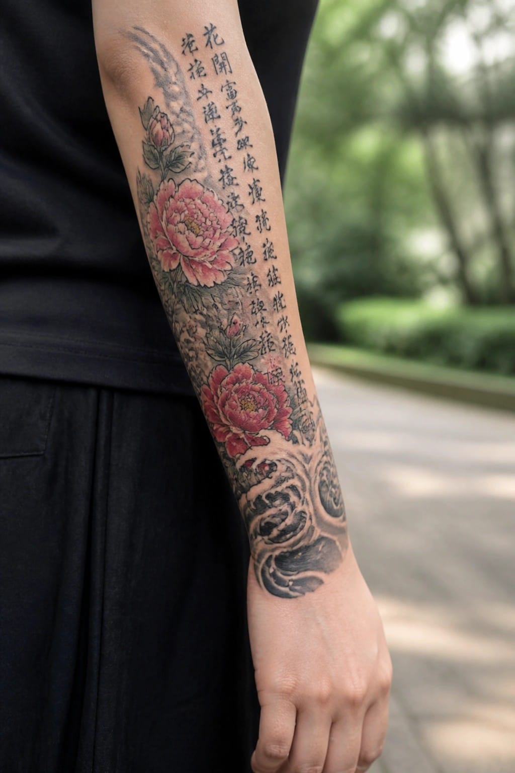 Arm tattoo of pink peonies and Chinese characters on black clothing with blurred greenery.