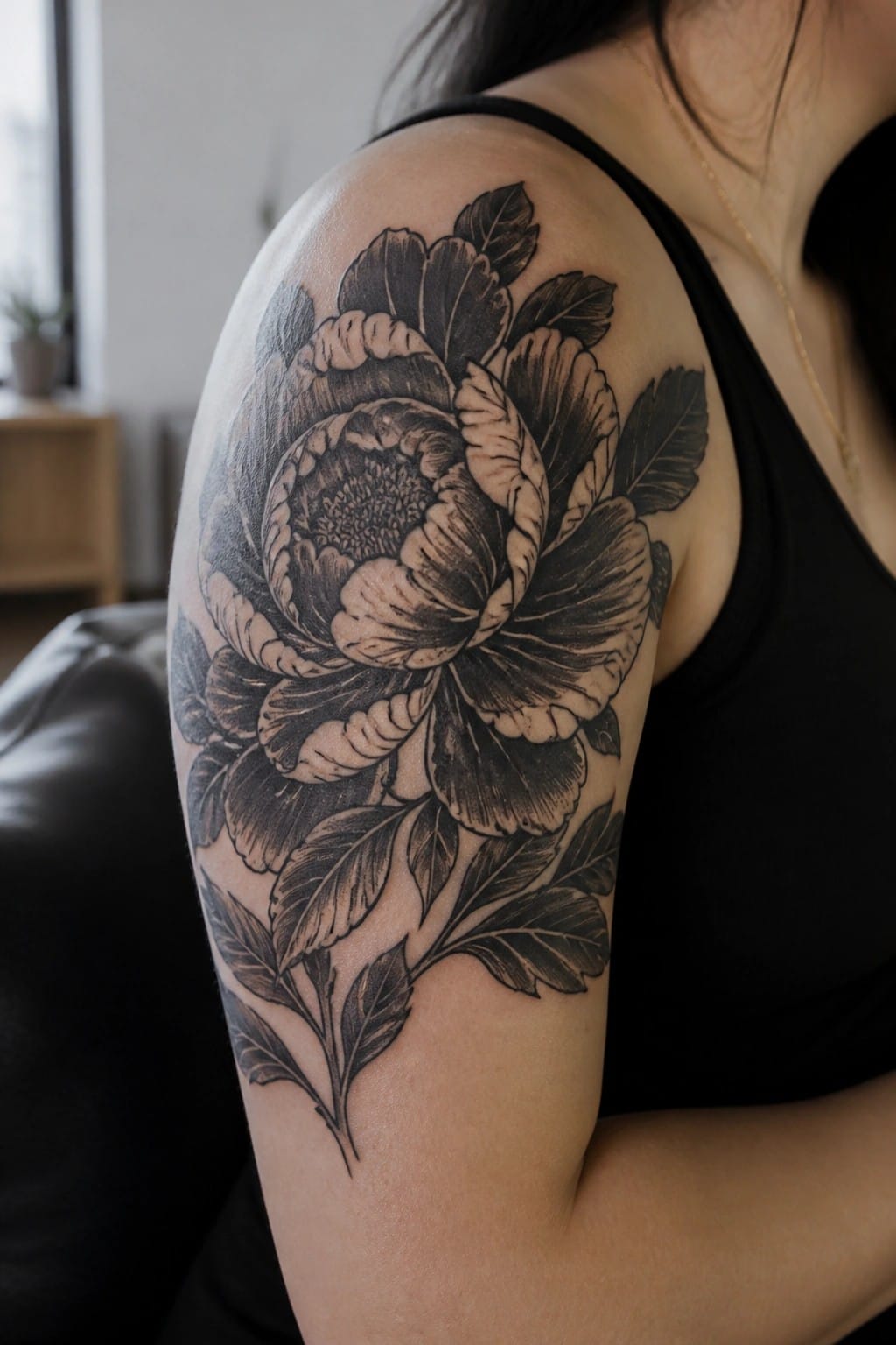 Black and grey peony tattoo on a woman's upper arm and shoulder with leaves extending down the arm