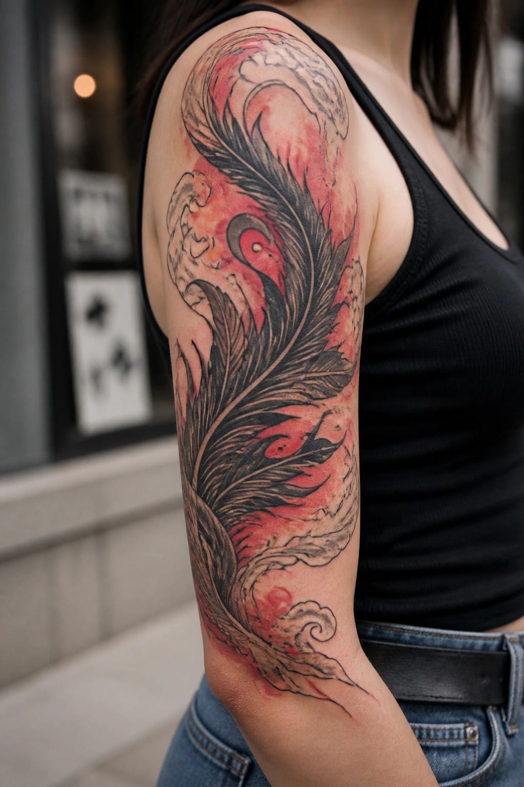 Large red-black phoenix tattoo on arm of person in black tank top and jeans