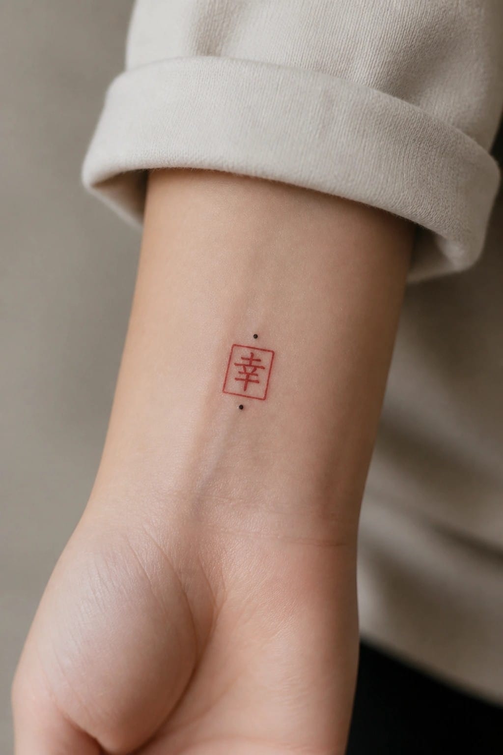 Small red Chinese character in a square frame with dots on the inner wrist