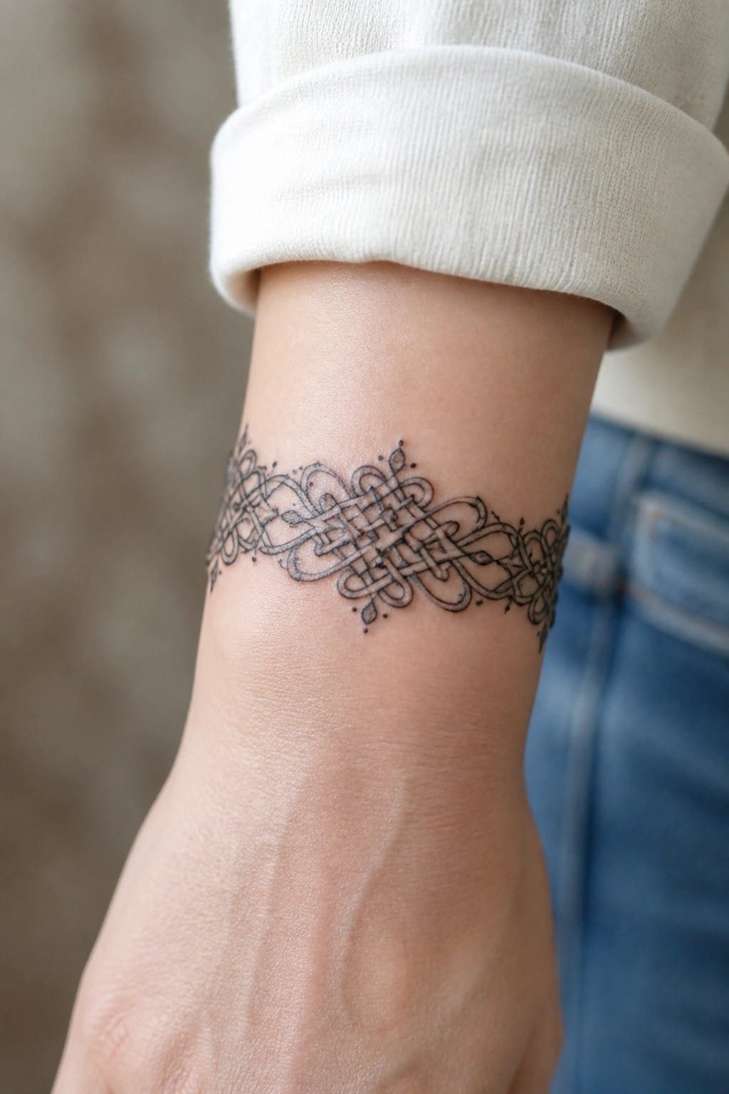 Ornate black knotwork tattoo band on wrist beneath rolled white sleeve and jeans