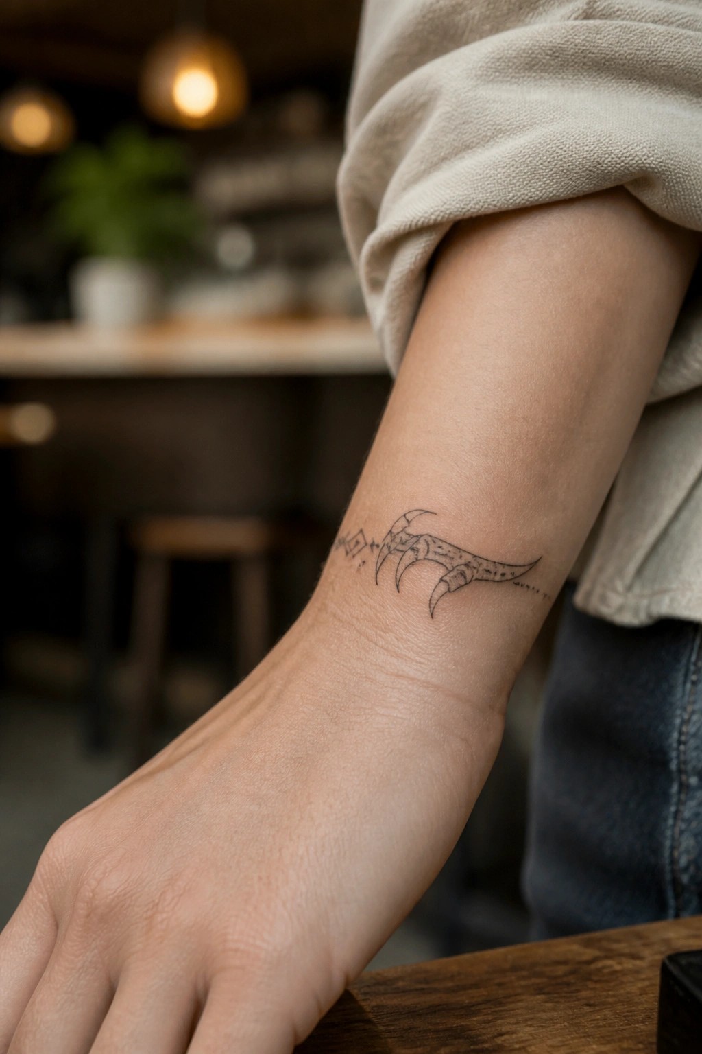 Beige-sleeved arm with black bird claw tattoo on wrist near wooden table.