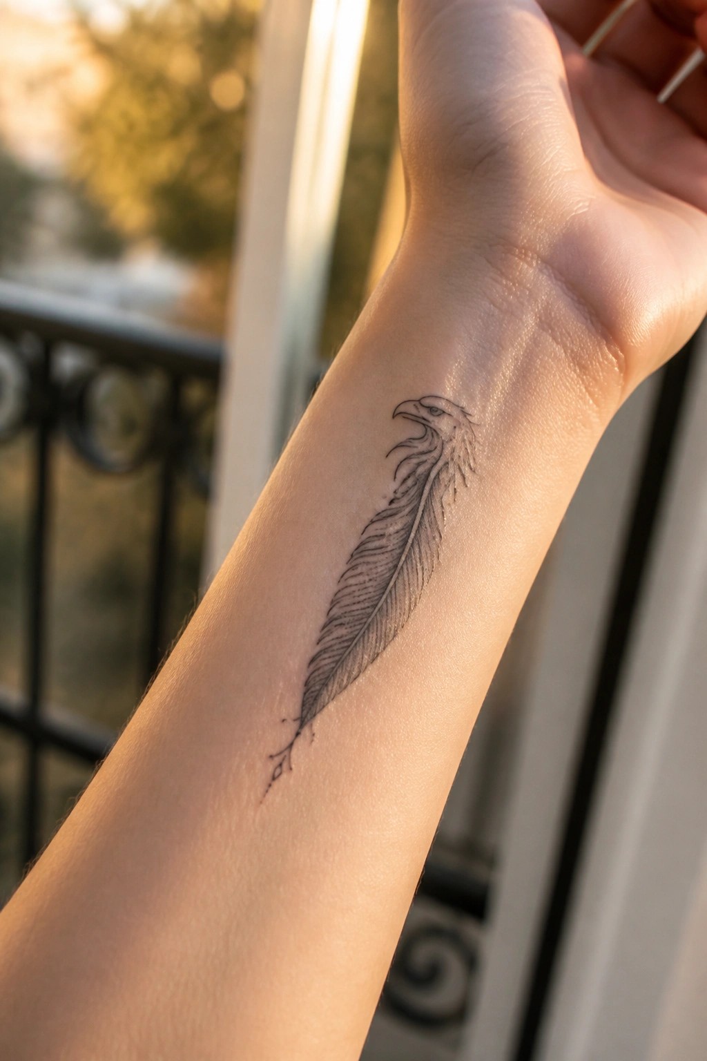 Fine line eagle-head feather tattoo on inner forearm in warm sunlight