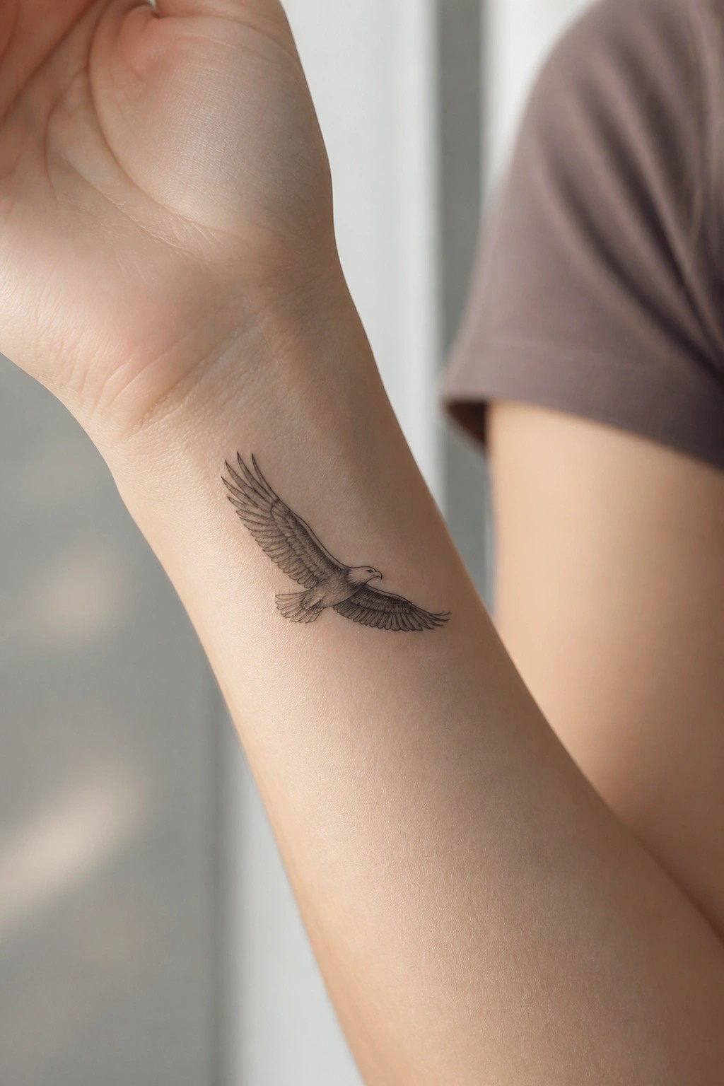 Small black and grey eagle tattoo on the inner wrist of a woman, shown in flight with wings spread.