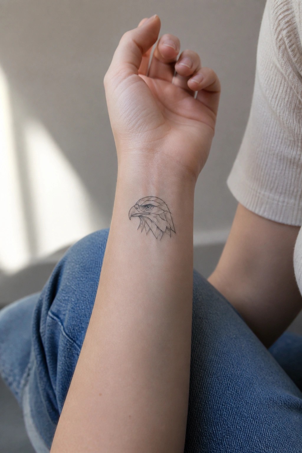 Eagle head tattoo on wrist of arm in blue jeans and beige sweater
