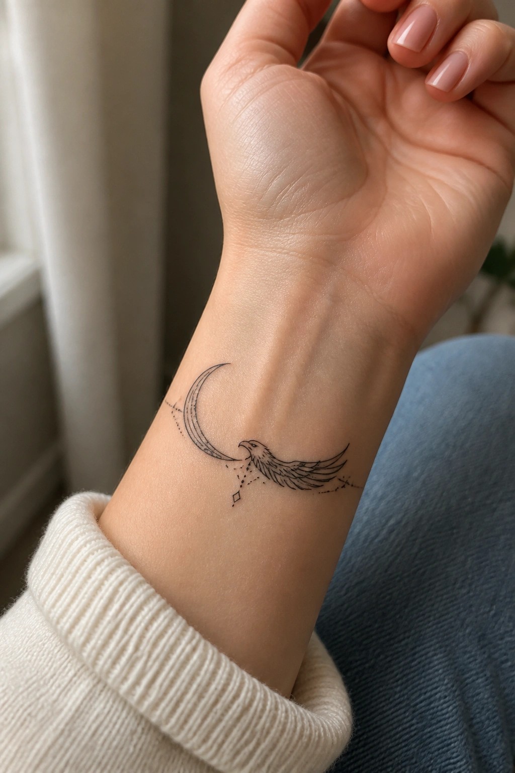 Fine line tattoo of an eagle beneath a crescent moon on the inner wrist, with minimal dotted accents.