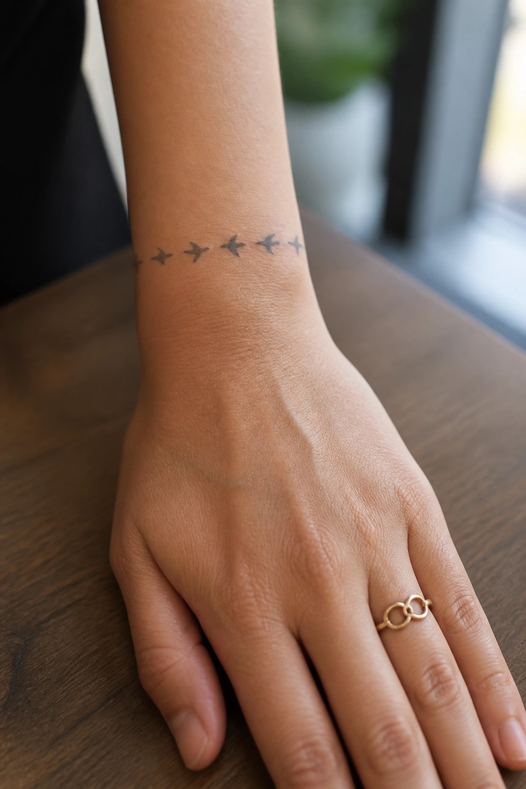 Small row of minimalist eagle silhouettes tattooed horizontally across a woman's wrist in dark ink