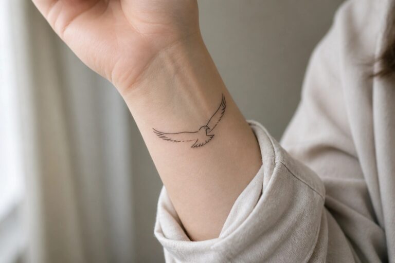 20 Eagle Wrist Tattoo Ideas for Women That Stay Elegant and Subtle Minimal line art eagle in flight on the inner wrist of a light skin tone arm, shown against a soft neutral background.