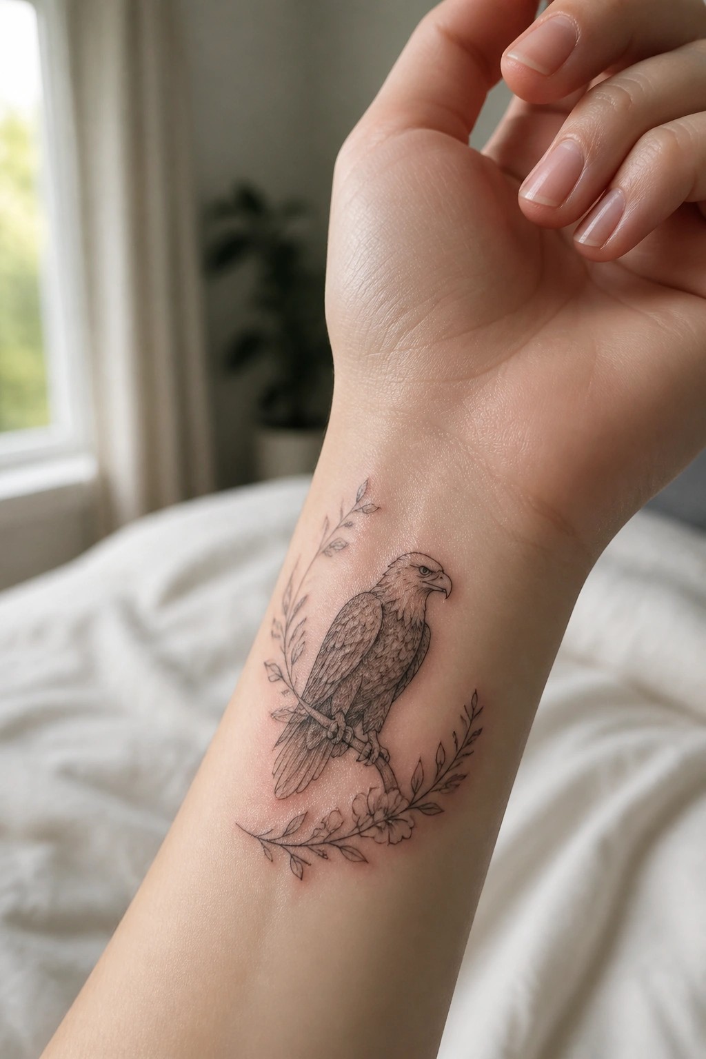 Fine line black and grey tattoo of a small eagle perched on a branch with leaves and flowers on a woman's inner wrist