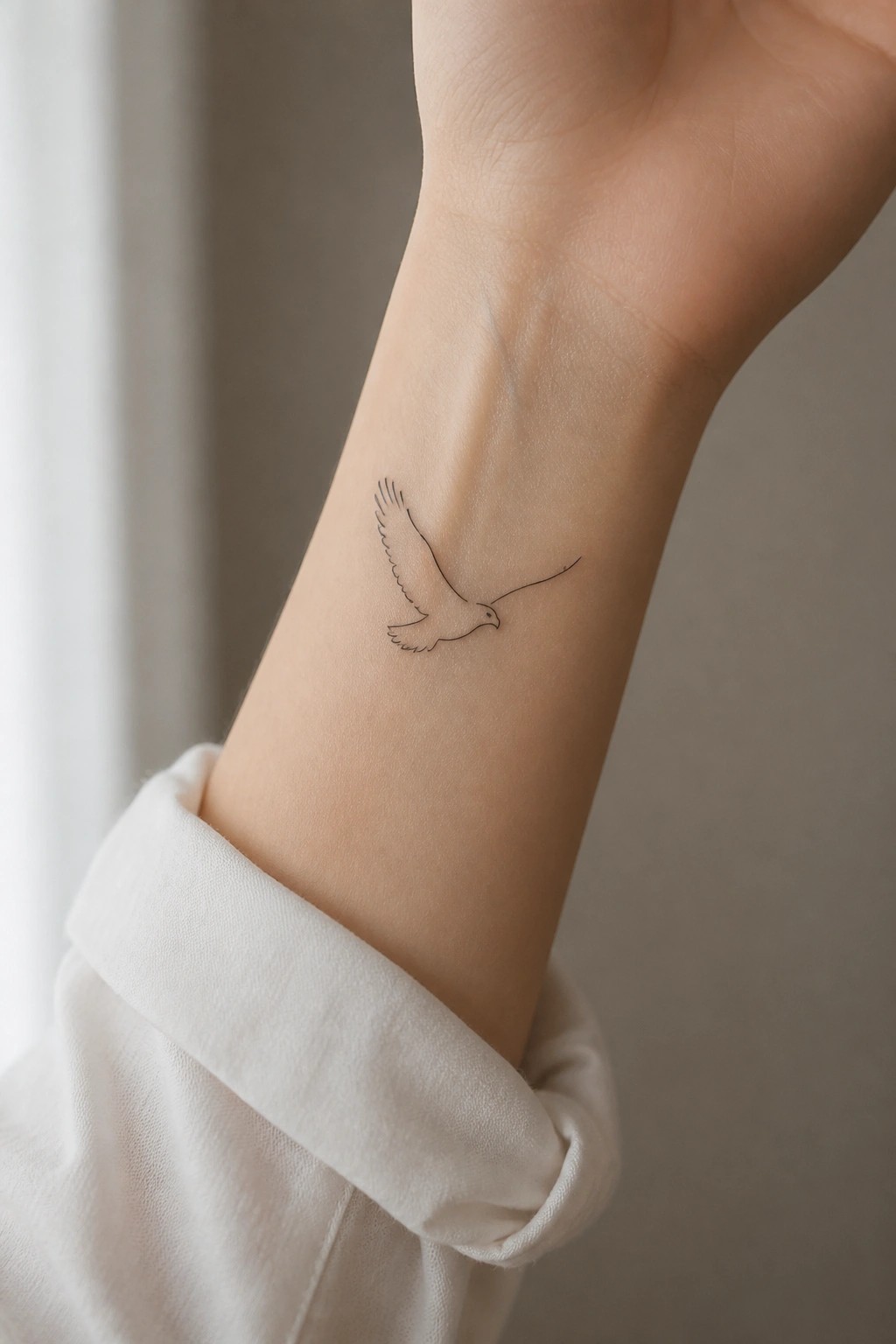 Minimal line art eagle in flight on the inner wrist of a light skin tone arm, shown against a soft neutral background.