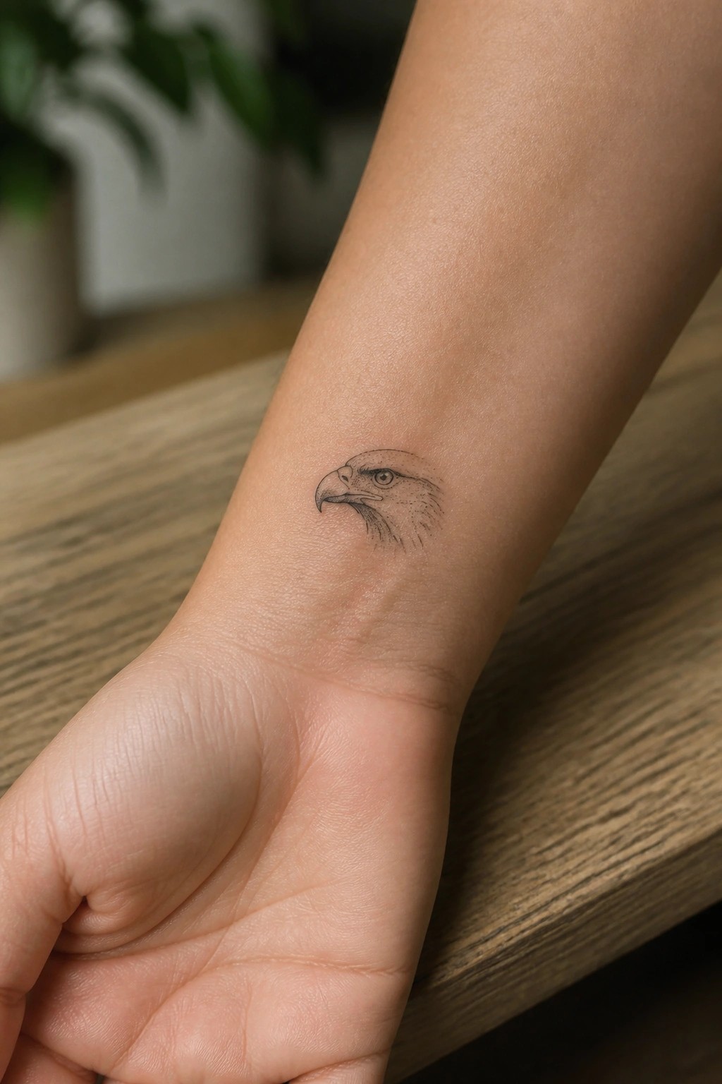 Small eagle head tattoo on inner wrist above wooden surface