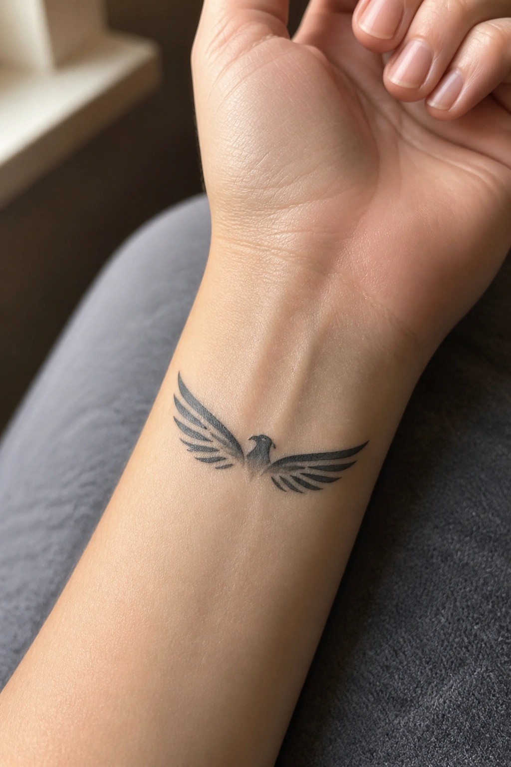 Black eagle tattoo with spread wings on a light-skinned wrist over gray fabric