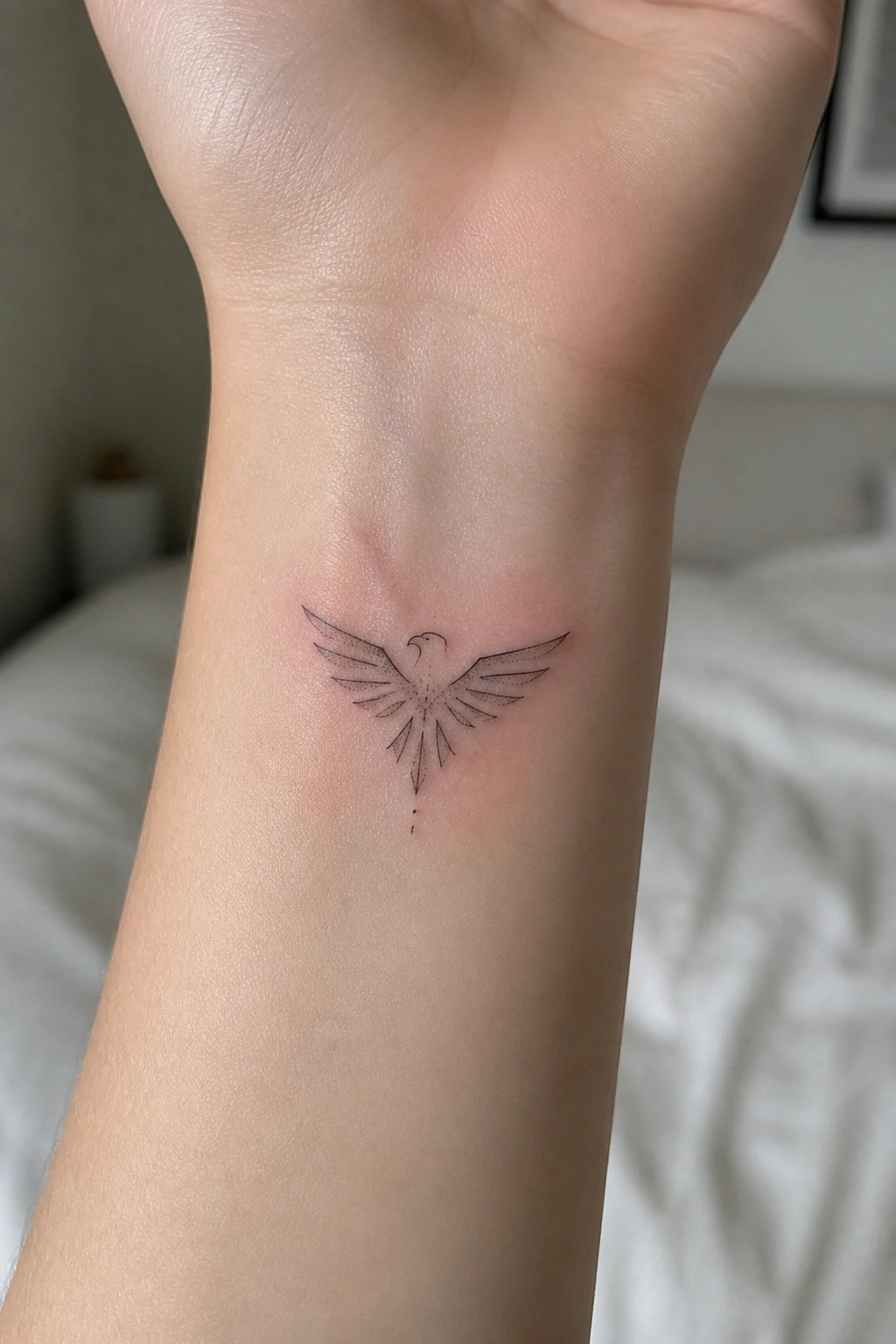 Minimalist black line-art phoenix tattoo on inner wrist with dotted wings