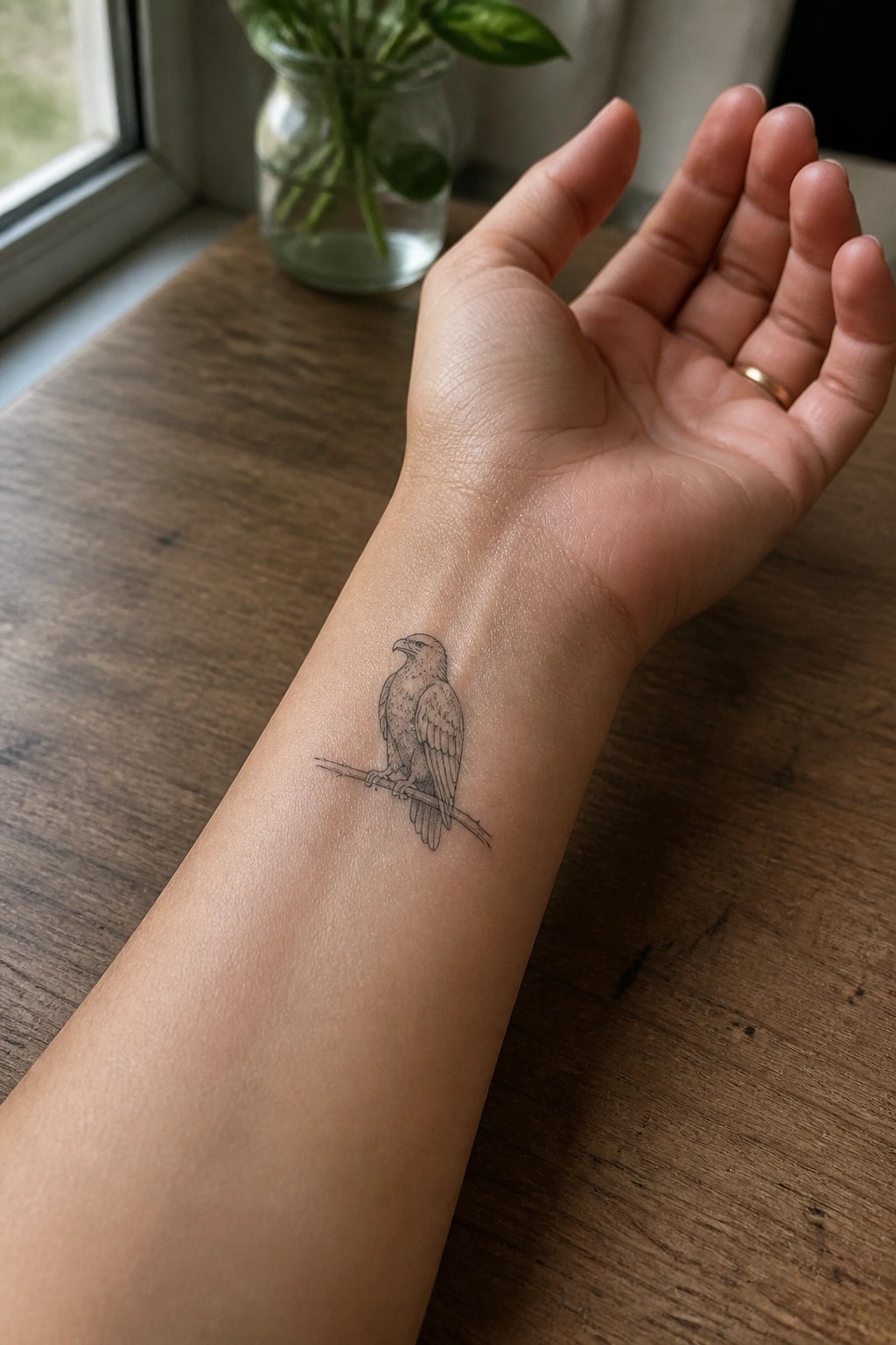 Small fine line eagle tattoo on the inner wrist perched on a branch in black ink
