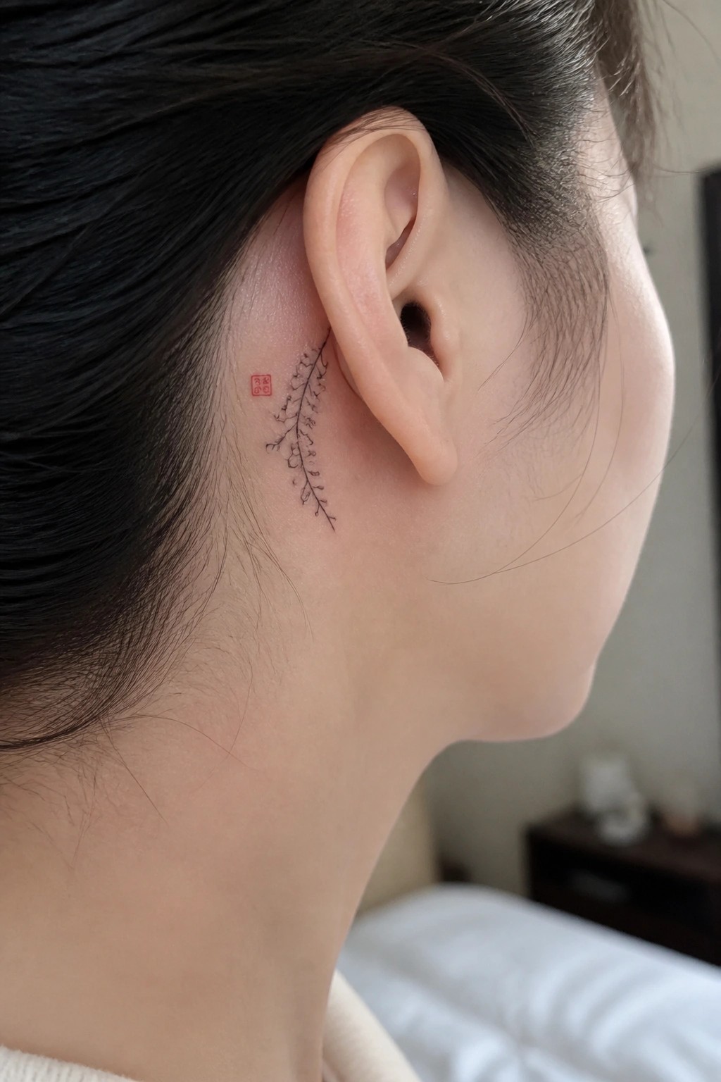 Close-up of ear with black branch tattoo and red seal on skin