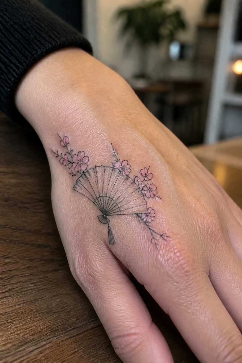 Hand in black sleeve with pink cherry blossom and black fan tattoo.