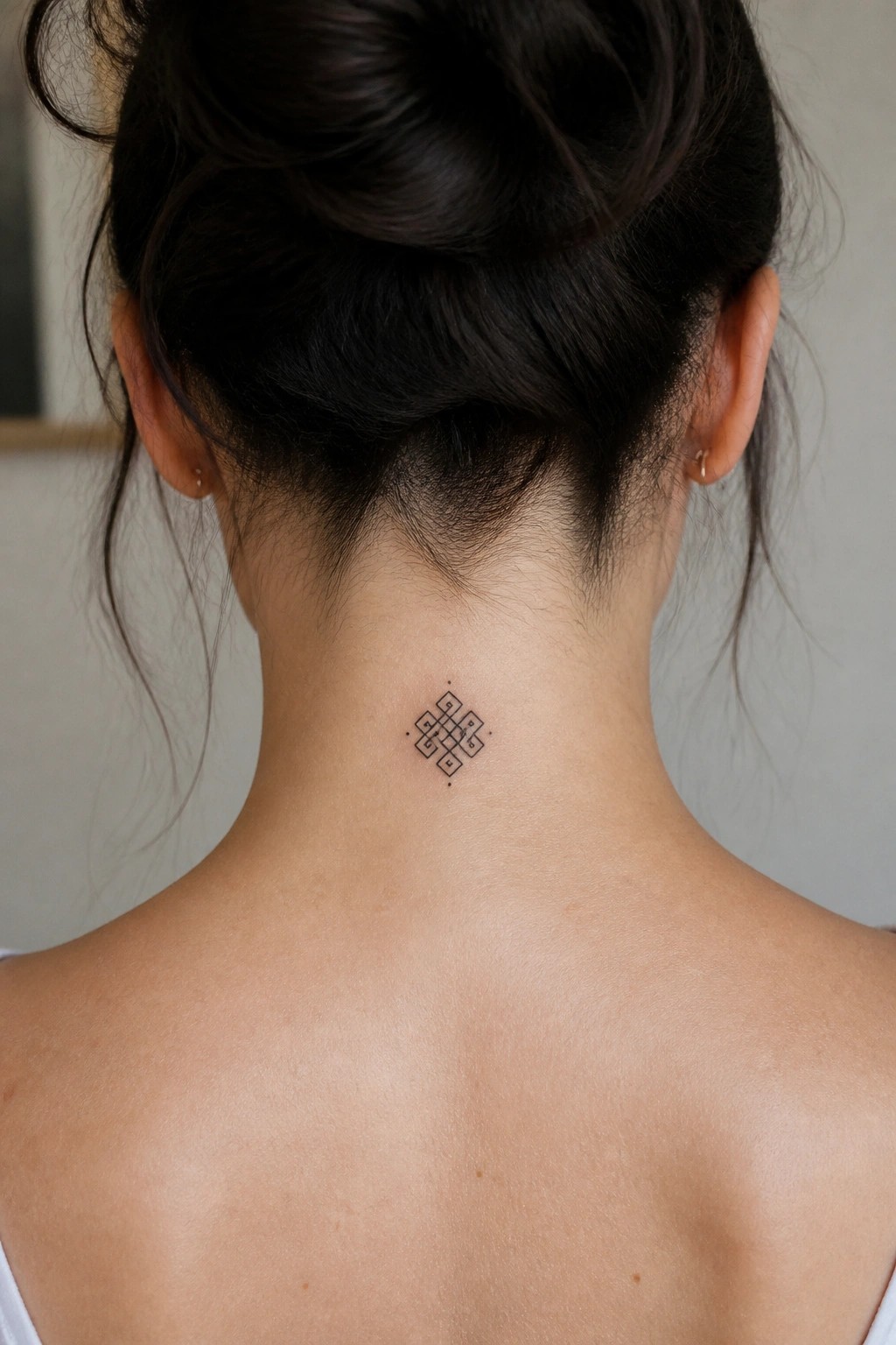 Close-up of a small black geometric tattoo on the back of a woman's neck, showing interconnected squares with symbols in a diamond formation.