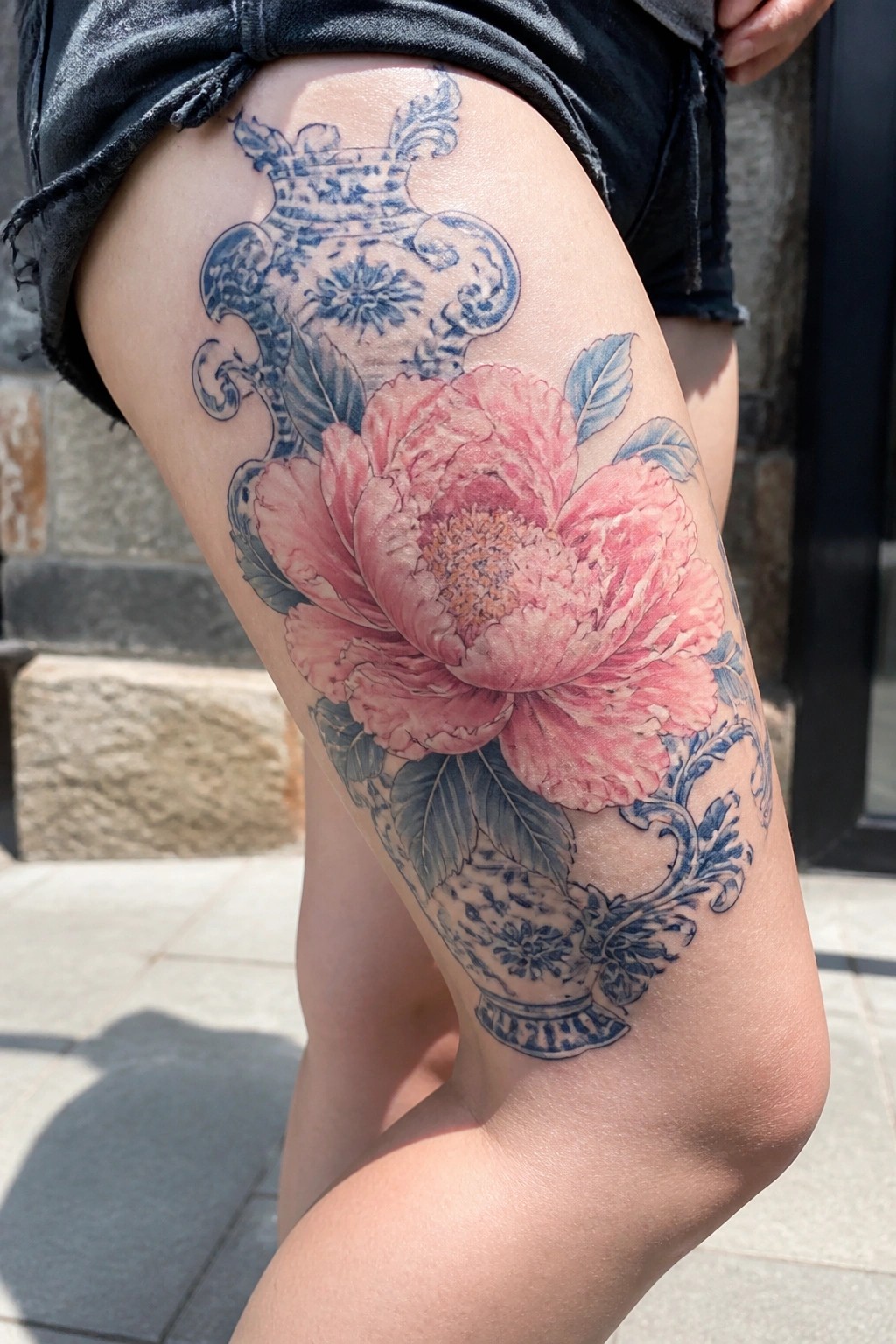 Pink peony tattoo with blue vases on thigh under black denim shorts