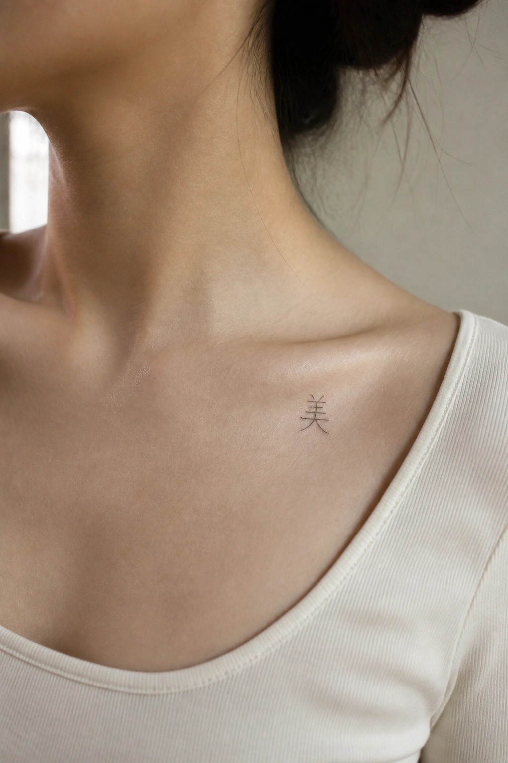 Close up of a small Chinese character tattoo placed on the upper chest near the collarbone
