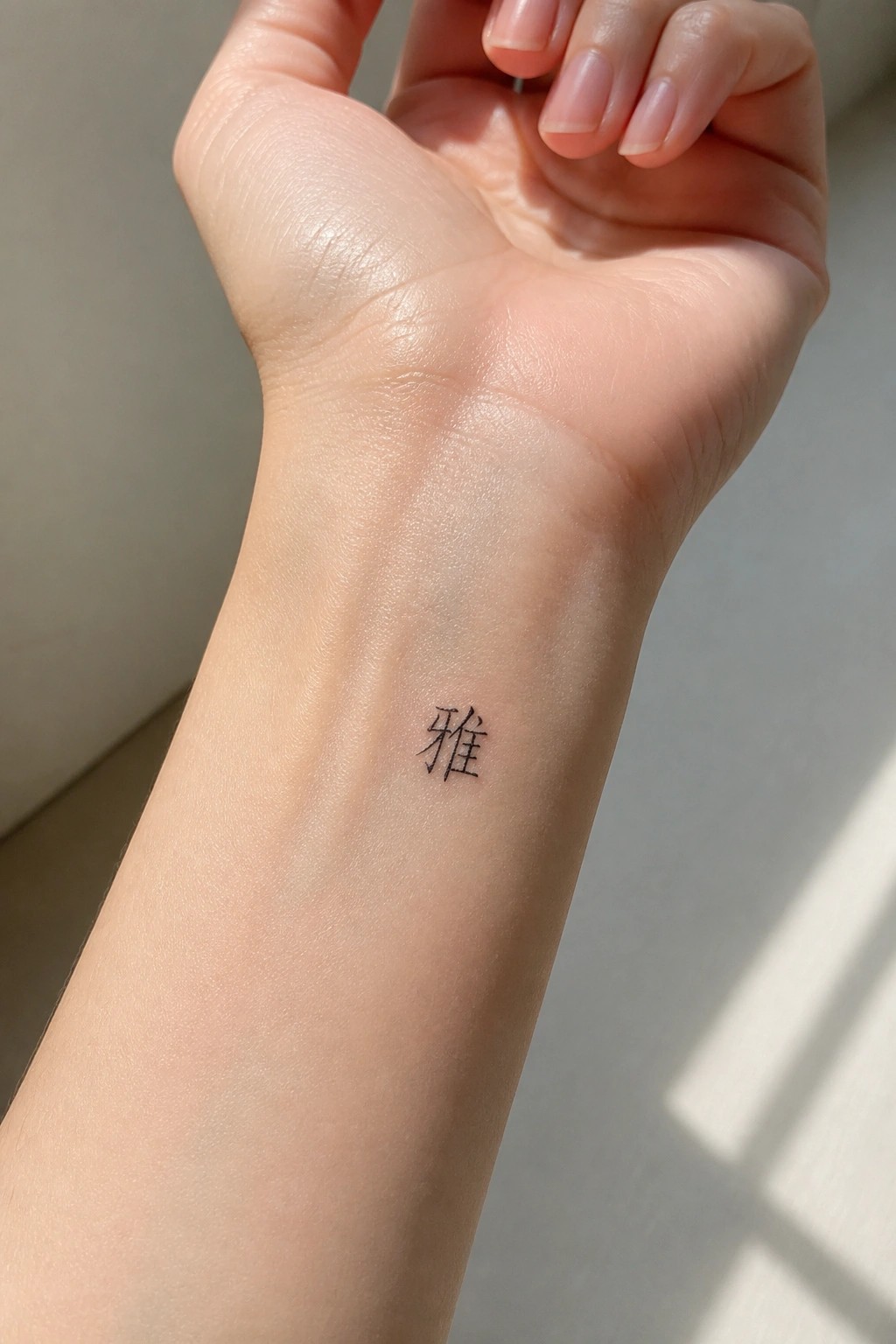 Light-skinned wrist with small black Chinese character tattoo under sunlight.