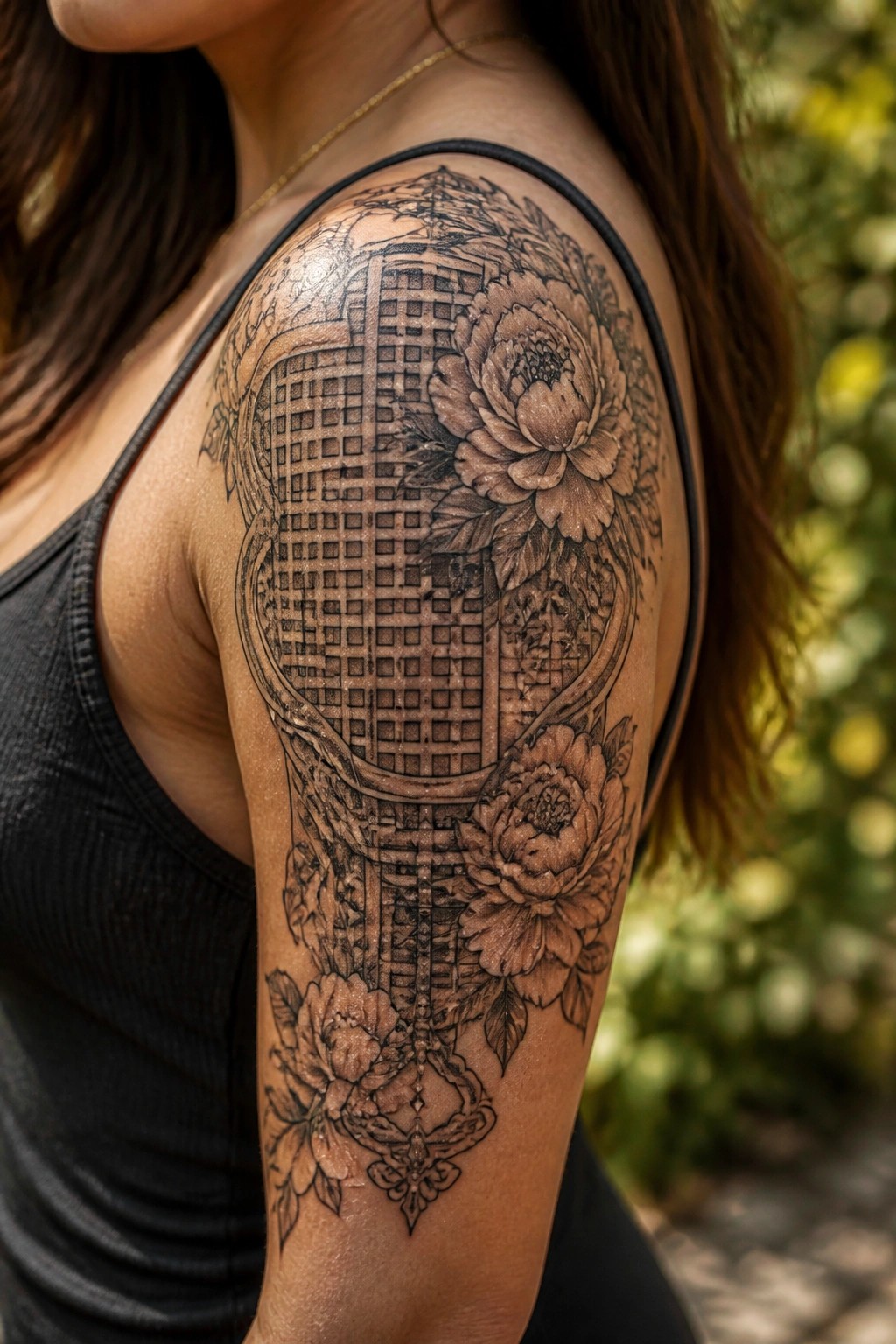 Large black and grey tattoo of a tennis racket wrapped in peonies covering a woman's upper arm and shoulder.