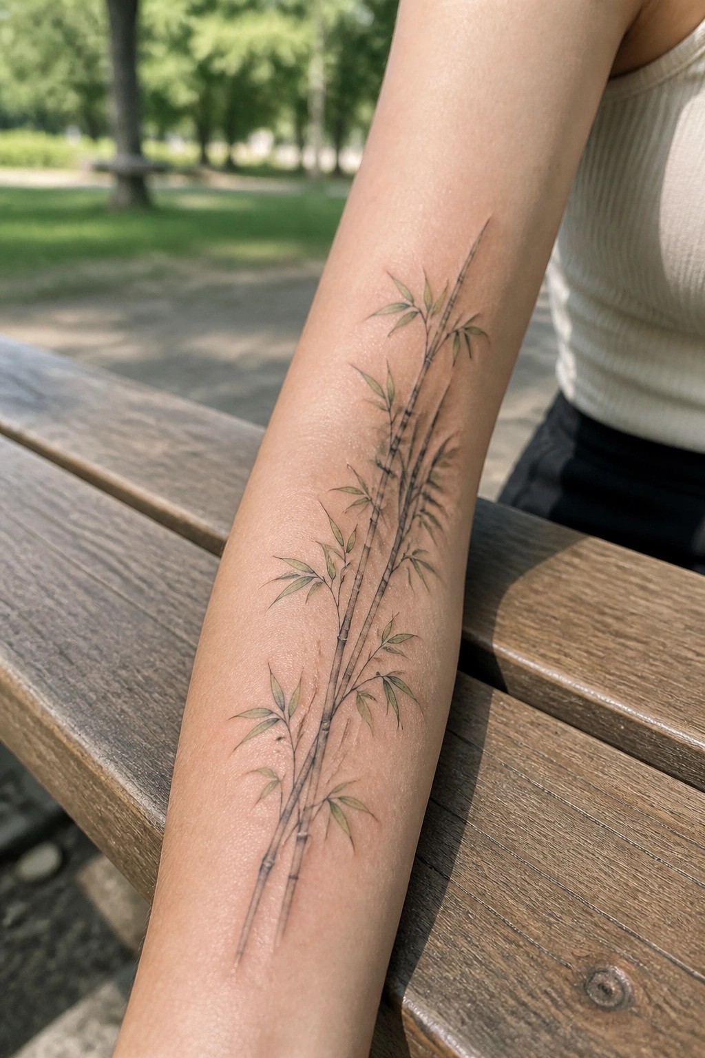 Delicate bamboo stalks with green leaves tattooed vertically on the inner forearm in fine line style