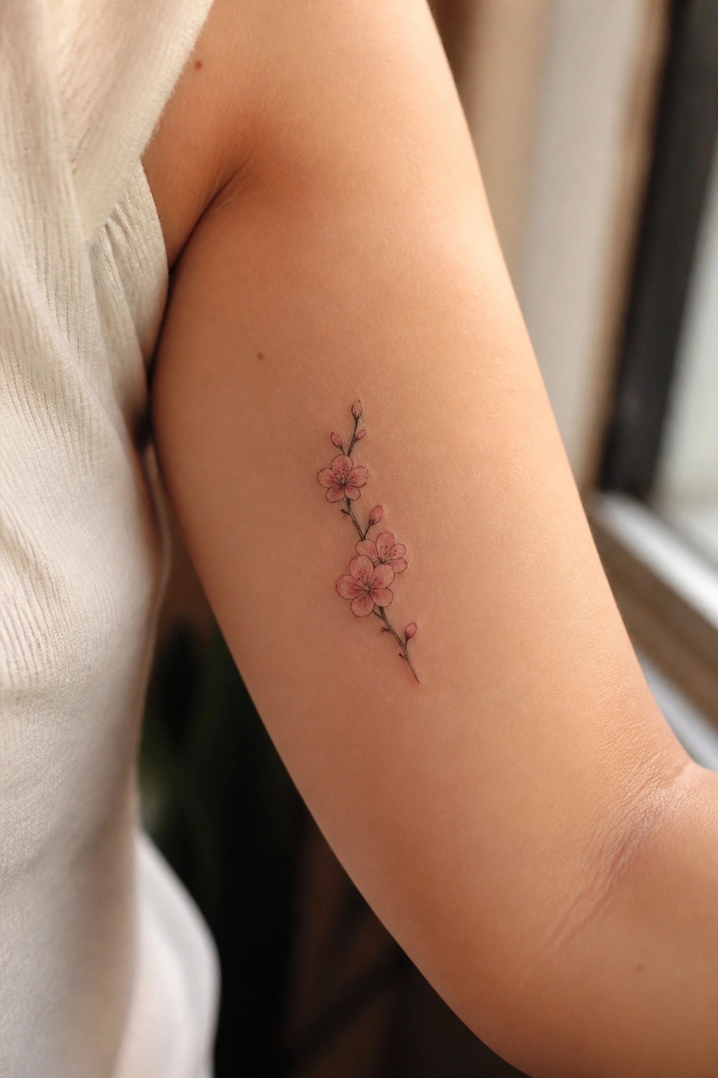 Pink cherry blossom tattoo on upper arm beside white sleeveless top