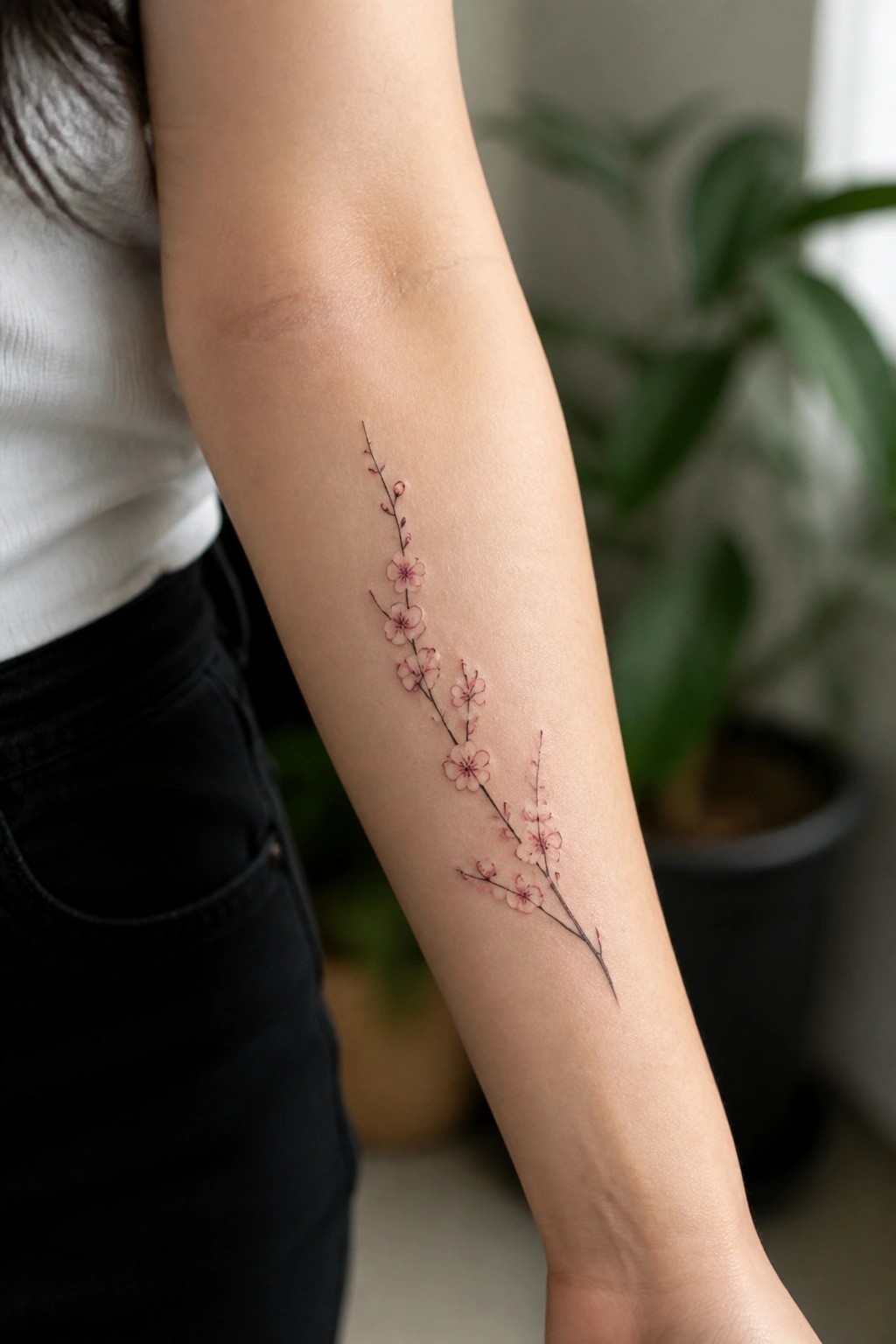 Person's forearm with delicate vertical pink cherry blossom tattoo, white shirt, black pants.