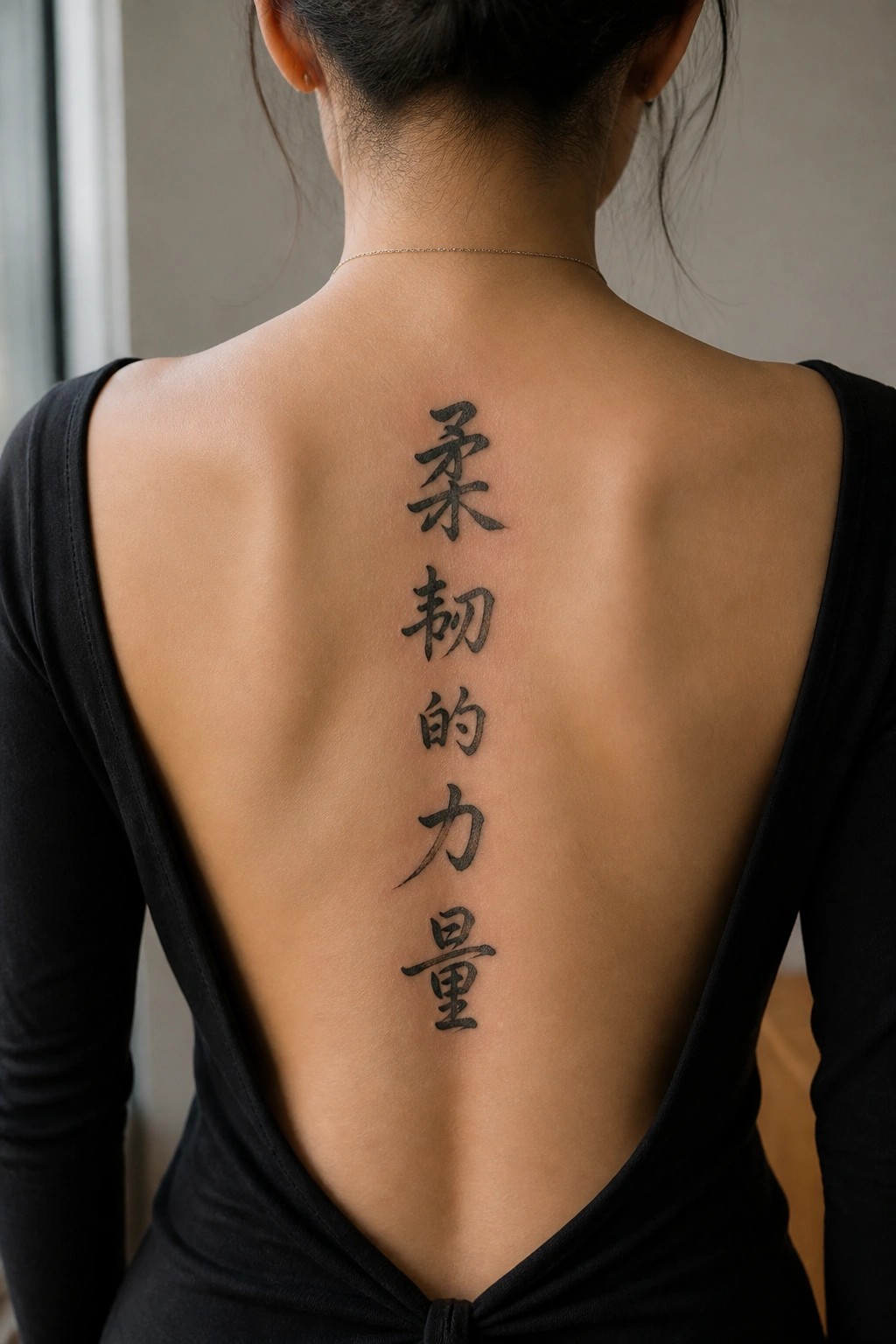 Woman's back with vertical Chinese tattoo in black low-back top and necklace.