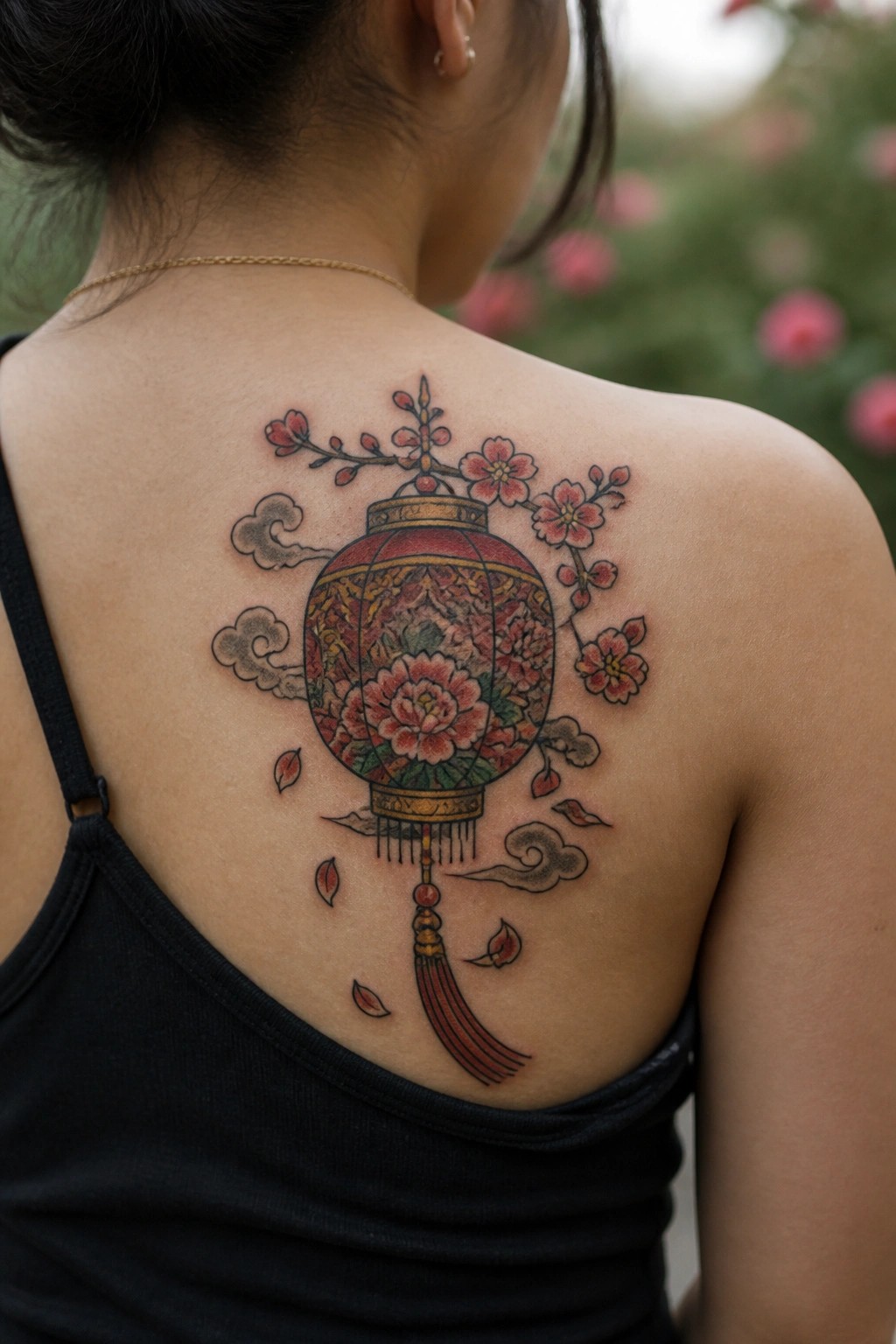 A detailed Chinese lantern tattoo with peonies and cherry blossoms placed on a woman's upper back.